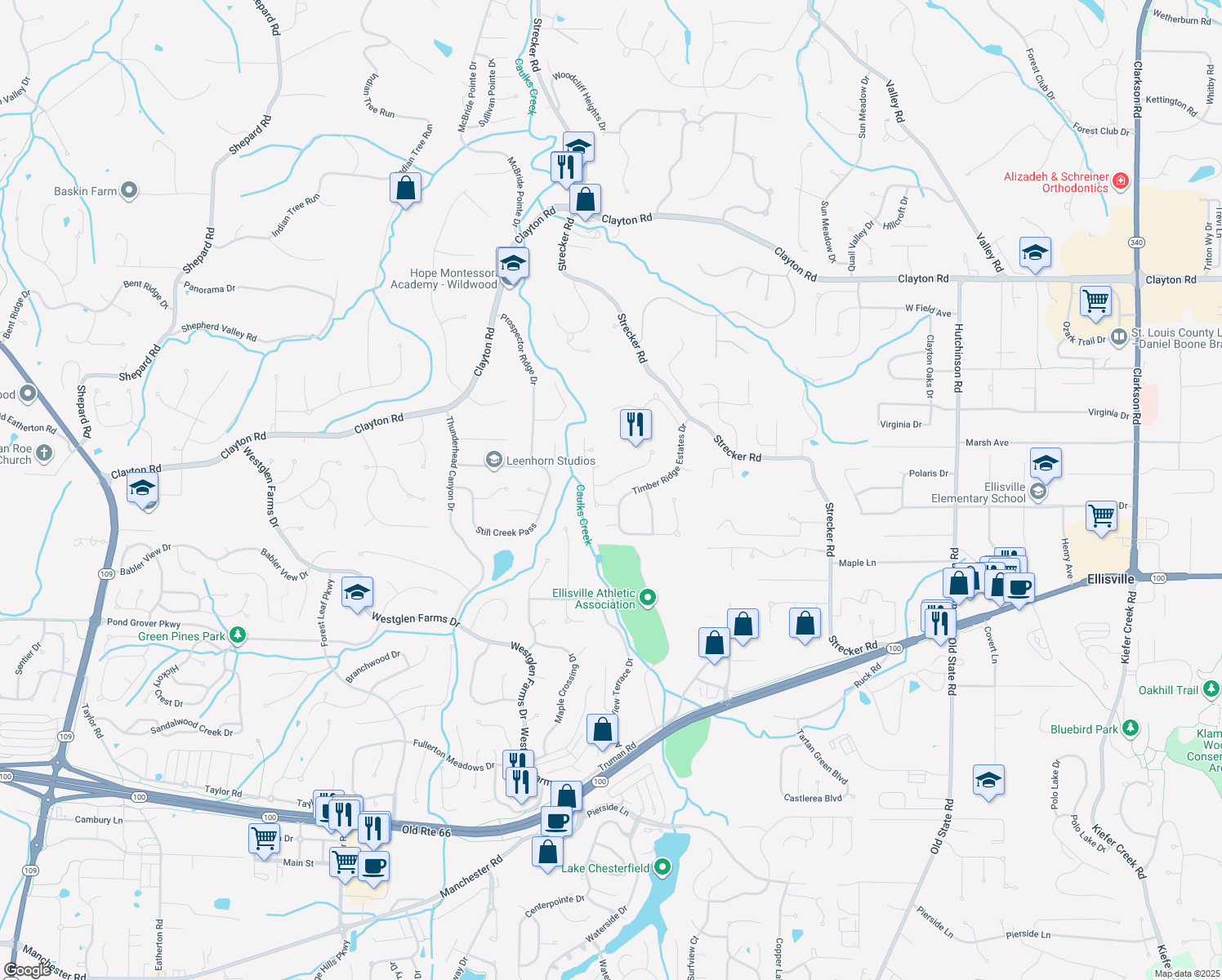 map of restaurants, bars, coffee shops, grocery stores, and more near 1690 Timber Hollow Dr in Ballwin
