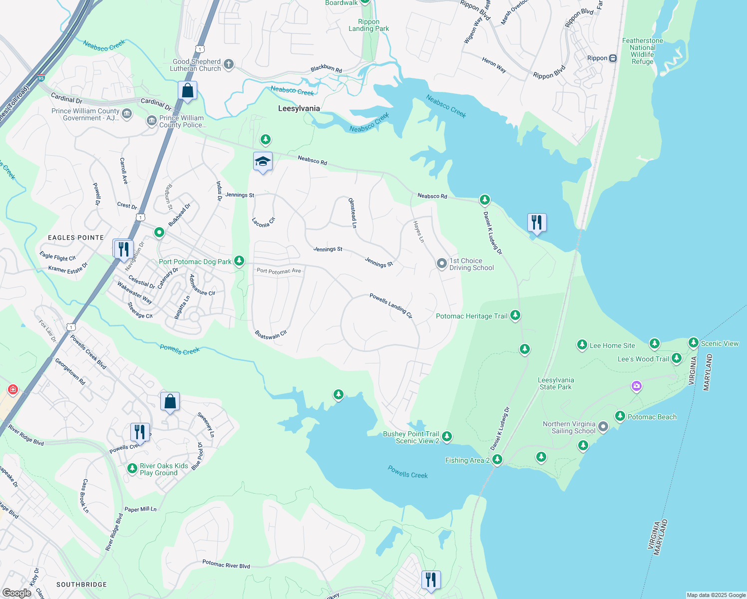 map of restaurants, bars, coffee shops, grocery stores, and more near 2036 Powells Landing Circle in Woodbridge