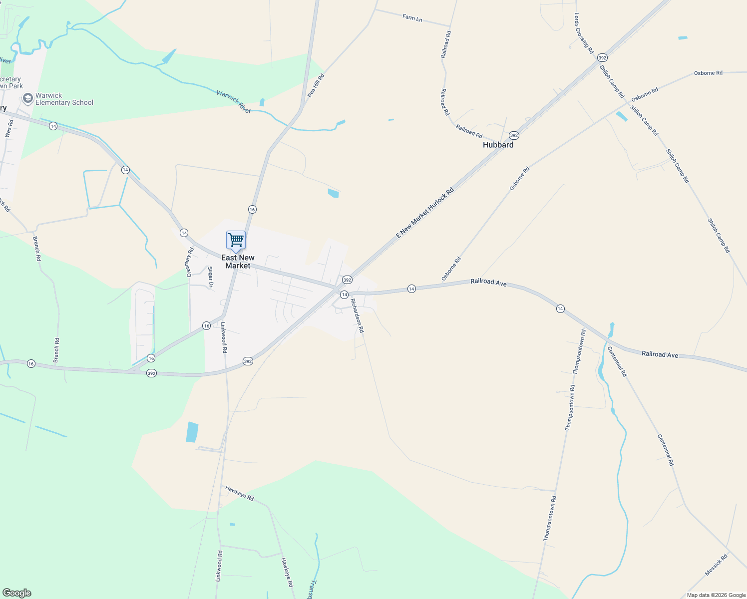map of restaurants, bars, coffee shops, grocery stores, and more near 515 Railroad Ave in East New Market