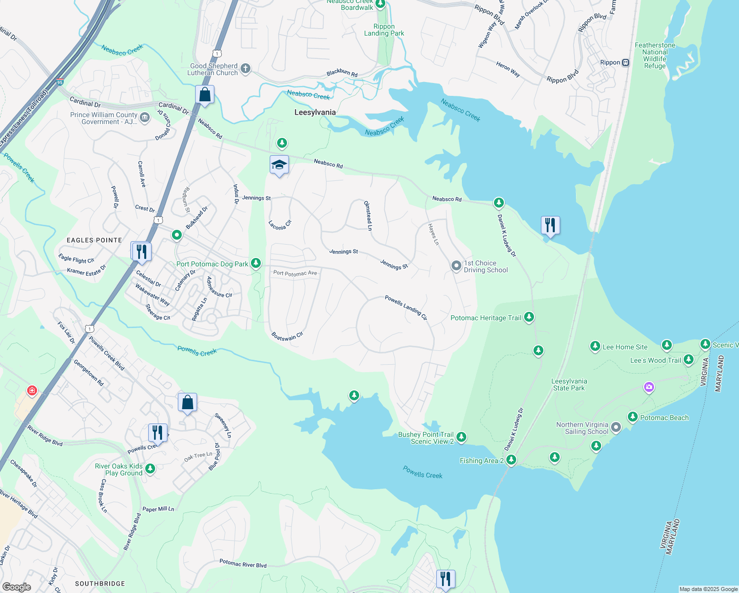 map of restaurants, bars, coffee shops, grocery stores, and more near 2009 Powells Landing Circle in Woodbridge