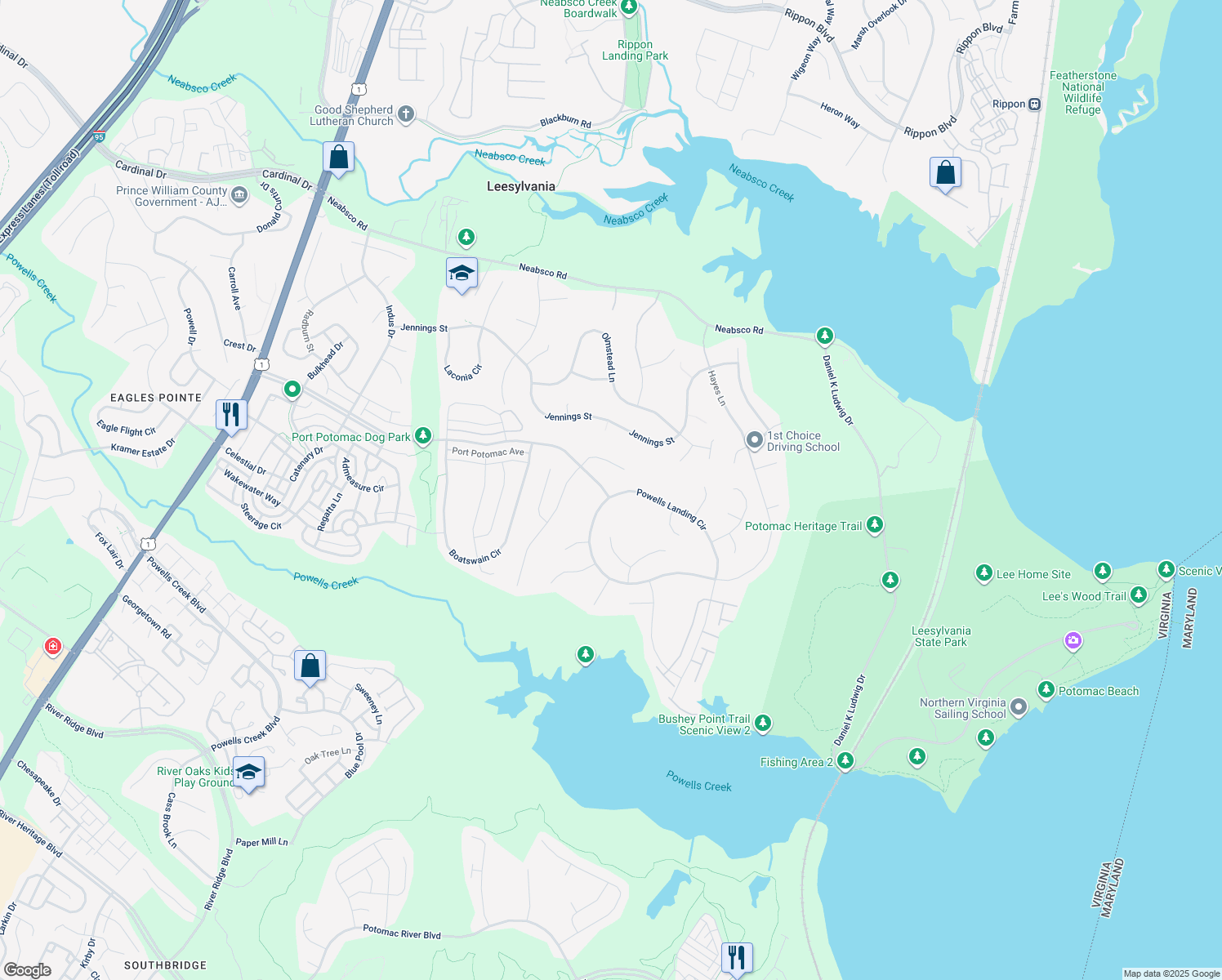 map of restaurants, bars, coffee shops, grocery stores, and more near 2009 Powells Landing Circle in Woodbridge