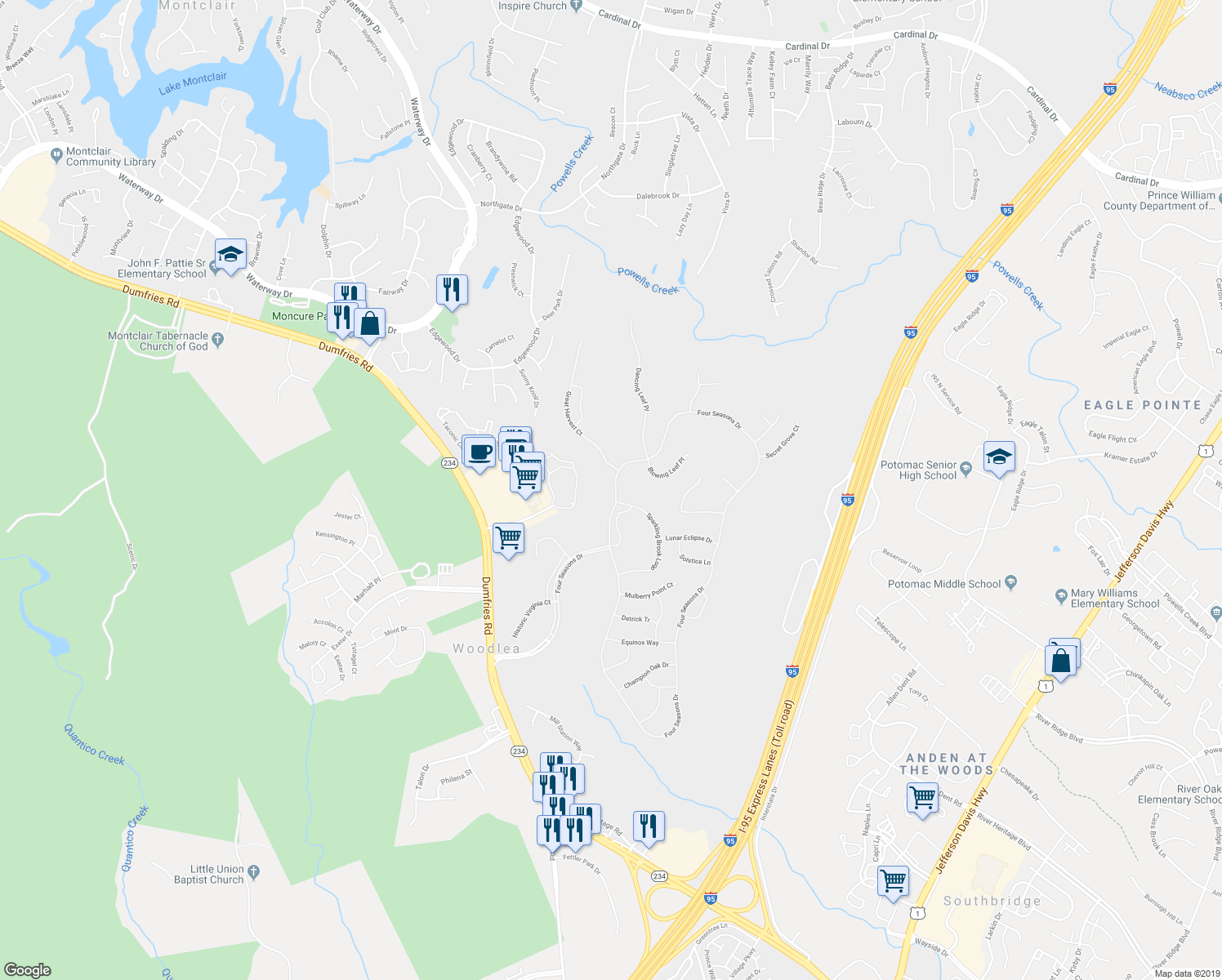 map of restaurants, bars, coffee shops, grocery stores, and more near 16837 4 Seasons Drive in Dumfries