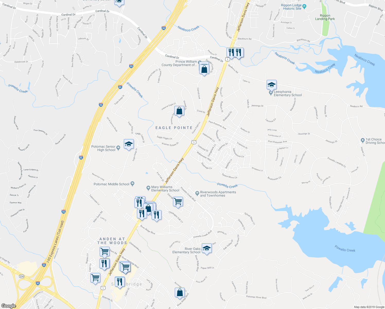 map of restaurants, bars, coffee shops, grocery stores, and more near 2805 Wakewater Way in Woodbridge