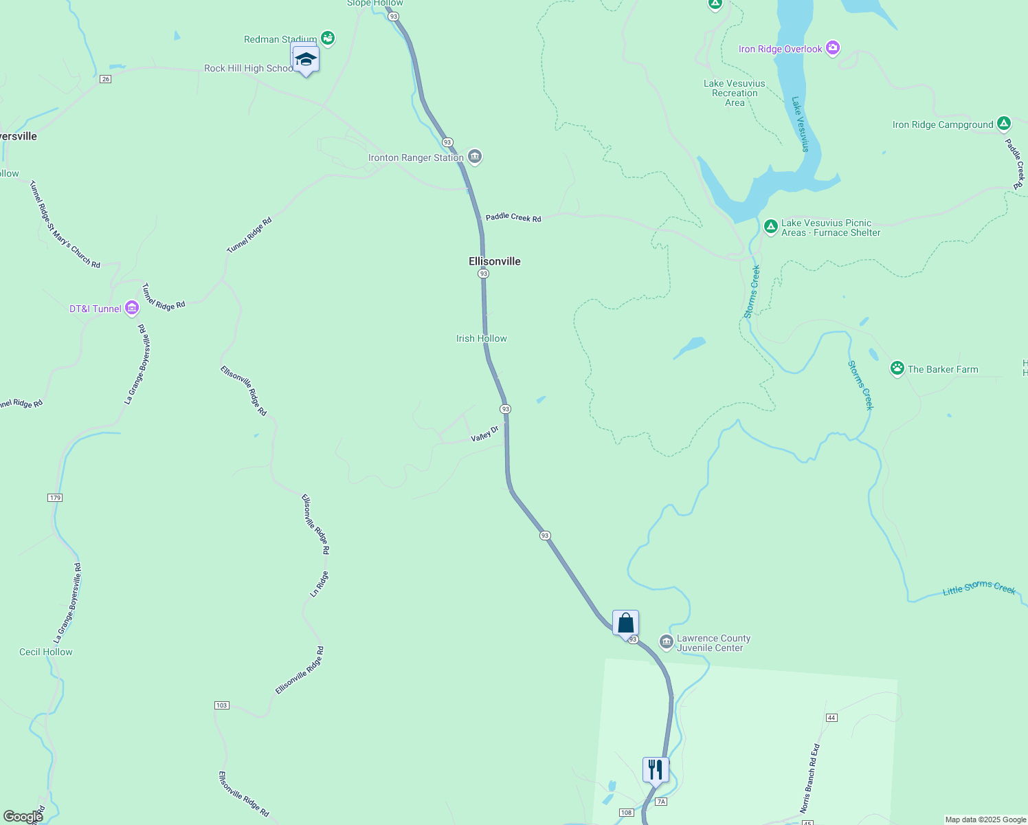map of restaurants, bars, coffee shops, grocery stores, and more near 5720 Ohio 93 in Ironton