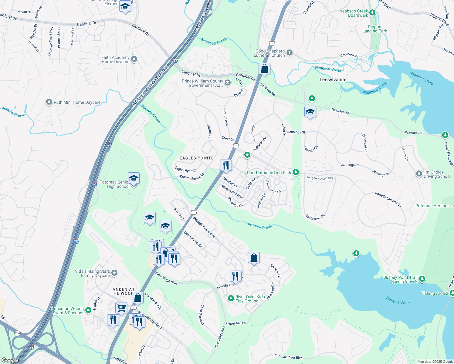 map of restaurants, bars, coffee shops, grocery stores, and more near 2719 Celestial Drive in Woodbridge