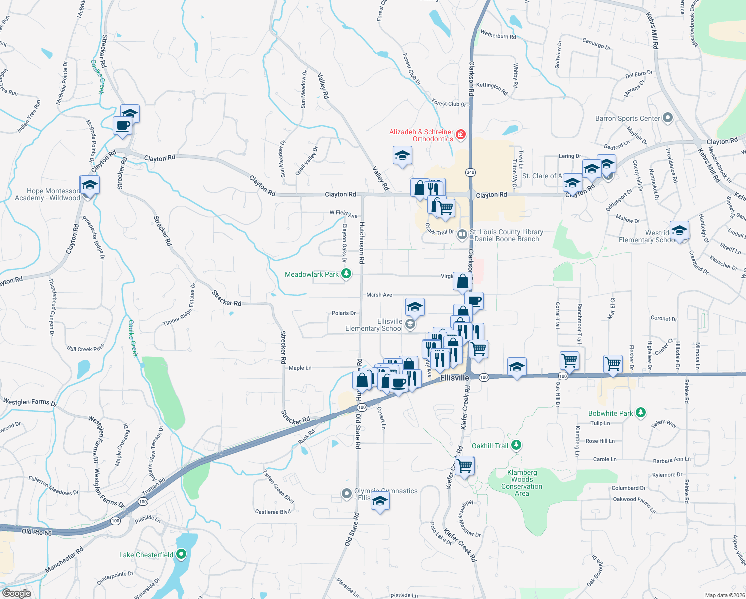 map of restaurants, bars, coffee shops, grocery stores, and more near 1442 Marsh Avenue in Ellisville