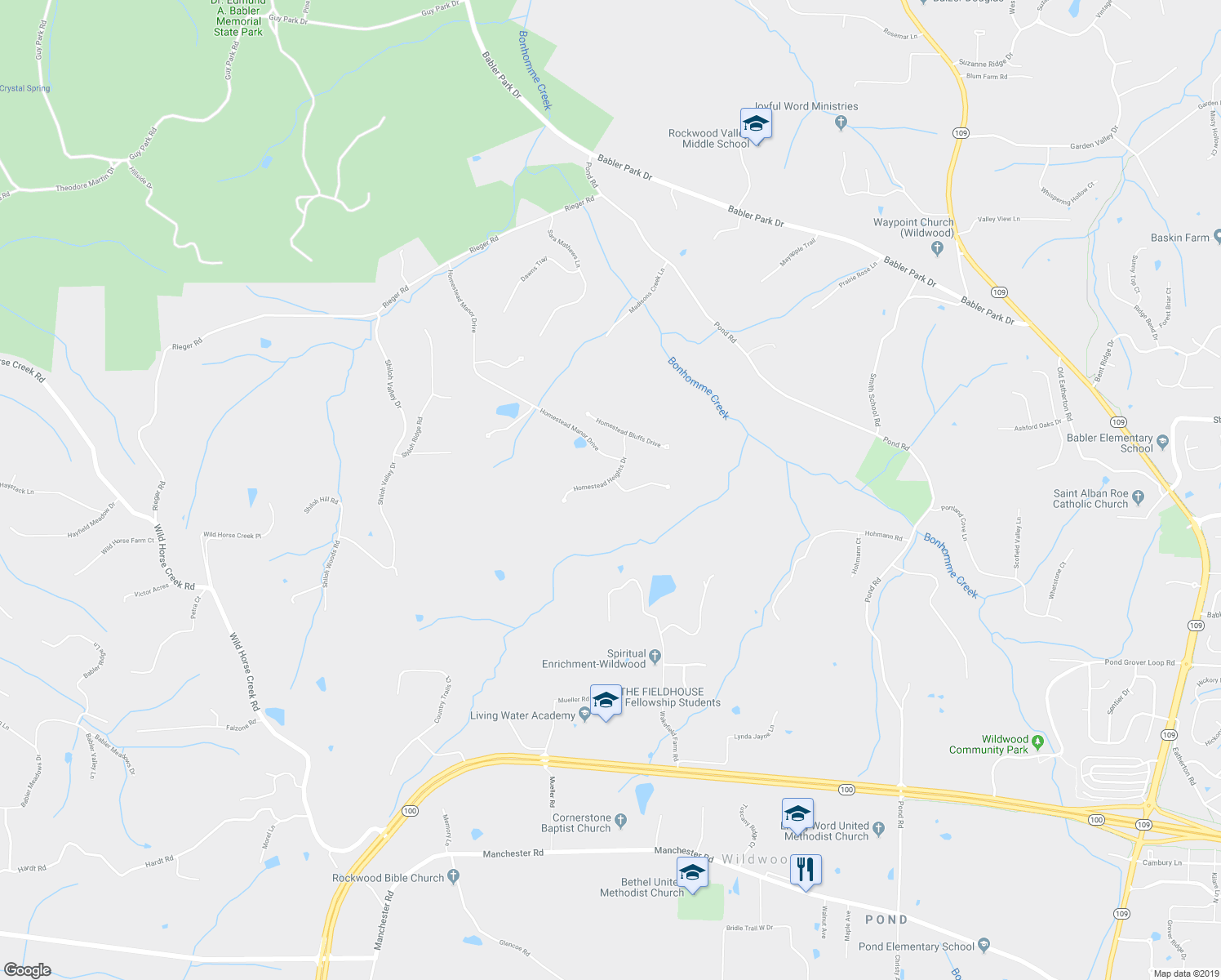 map of restaurants, bars, coffee shops, grocery stores, and more near 1336 Homestead Heights Drive in Wildwood