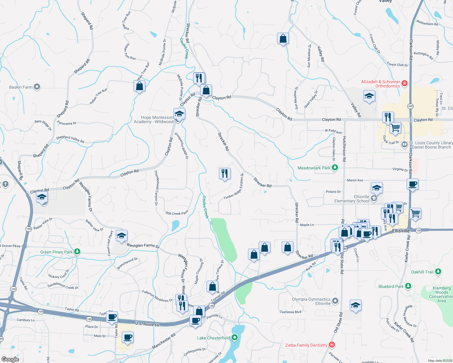 map of restaurants, bars, coffee shops, grocery stores, and more near 1634 Strecker Ridge Court in Ballwin