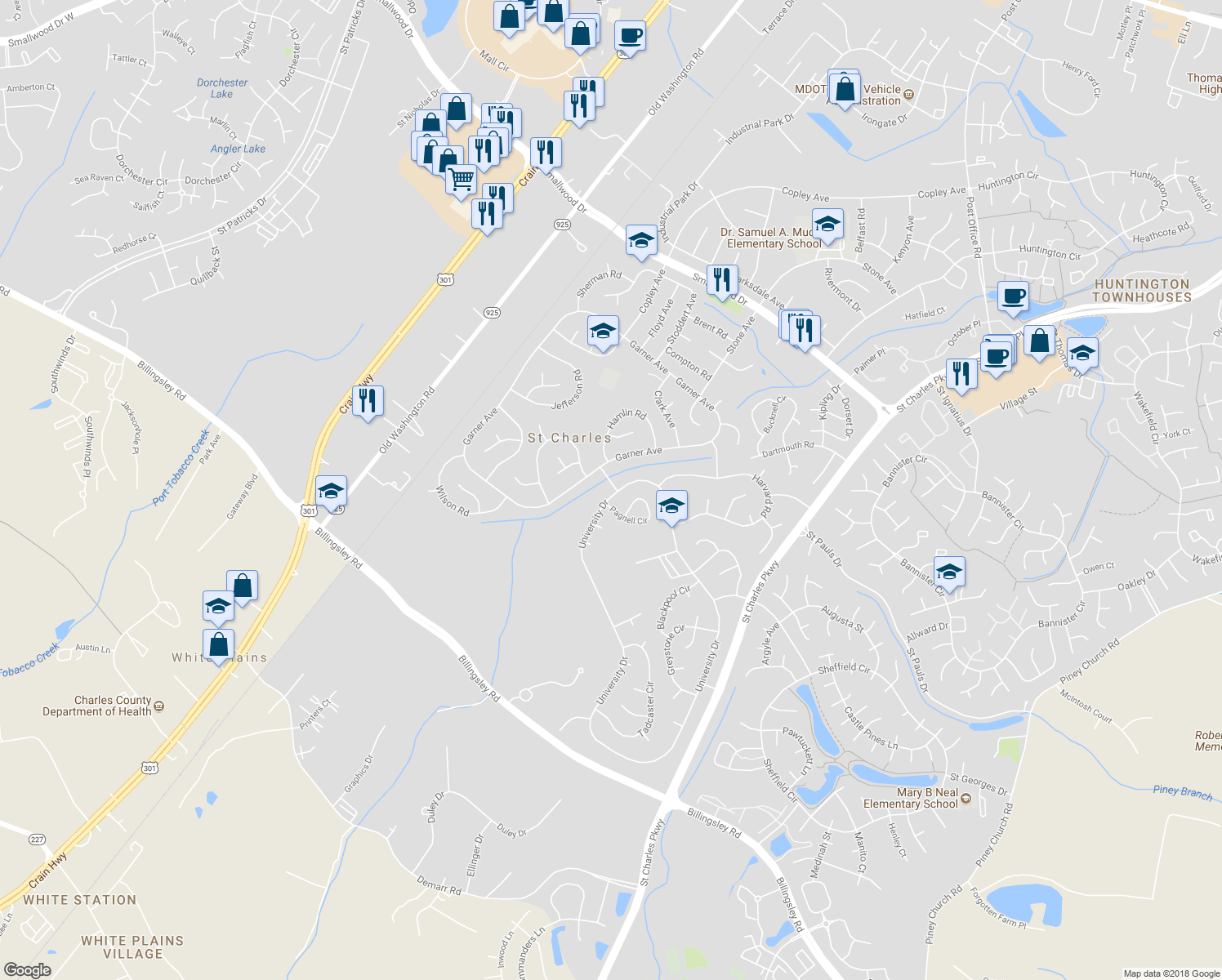 map of restaurants, bars, coffee shops, grocery stores, and more near 790 University Drive in Waldorf