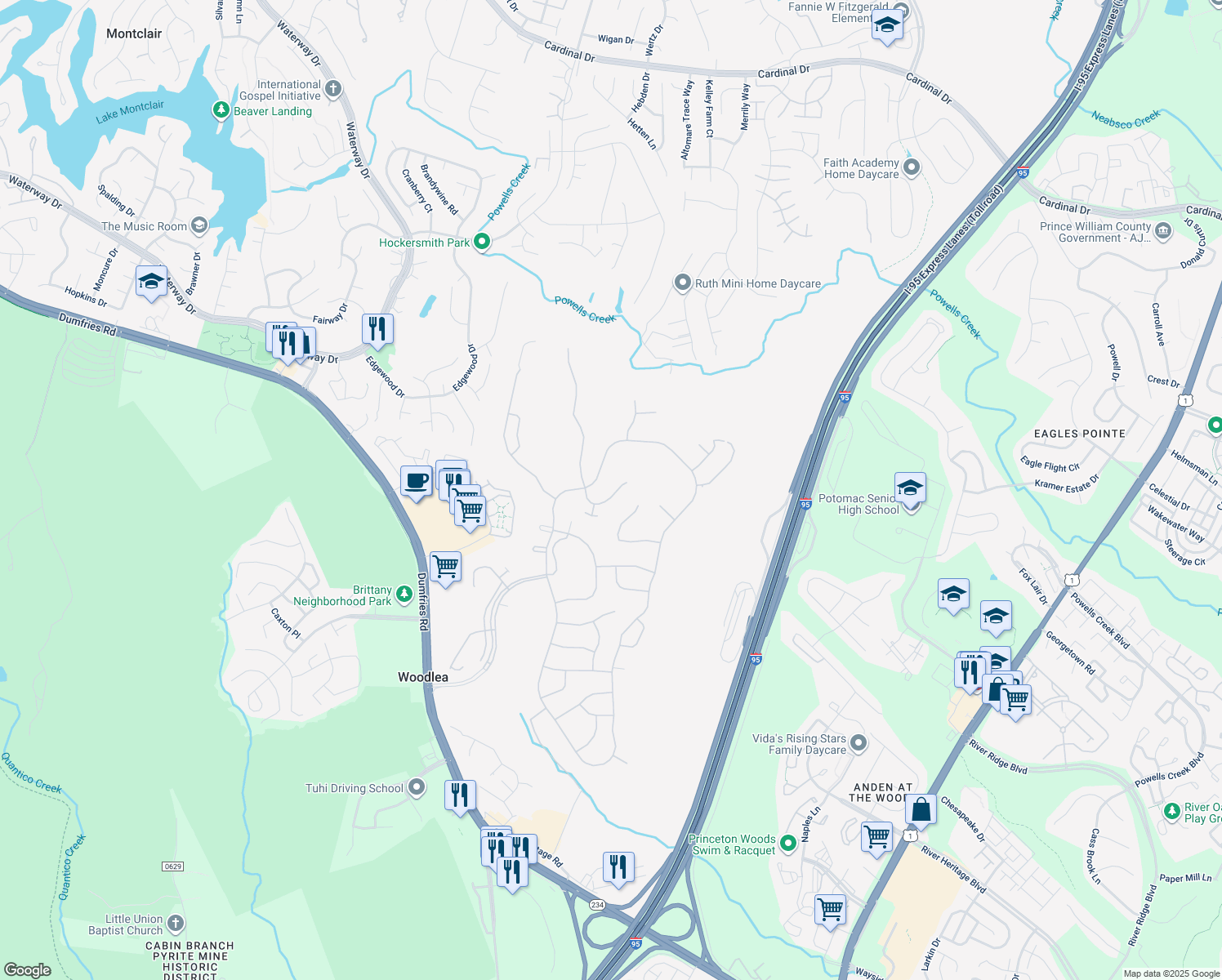 map of restaurants, bars, coffee shops, grocery stores, and more near 3776 Blowing Leaf Place in Dumfries