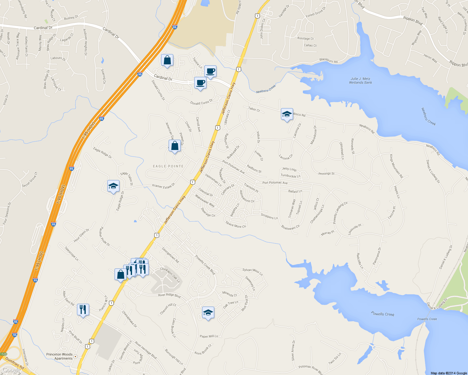 map of restaurants, bars, coffee shops, grocery stores, and more near 16229 Catenary Drive in Woodbridge