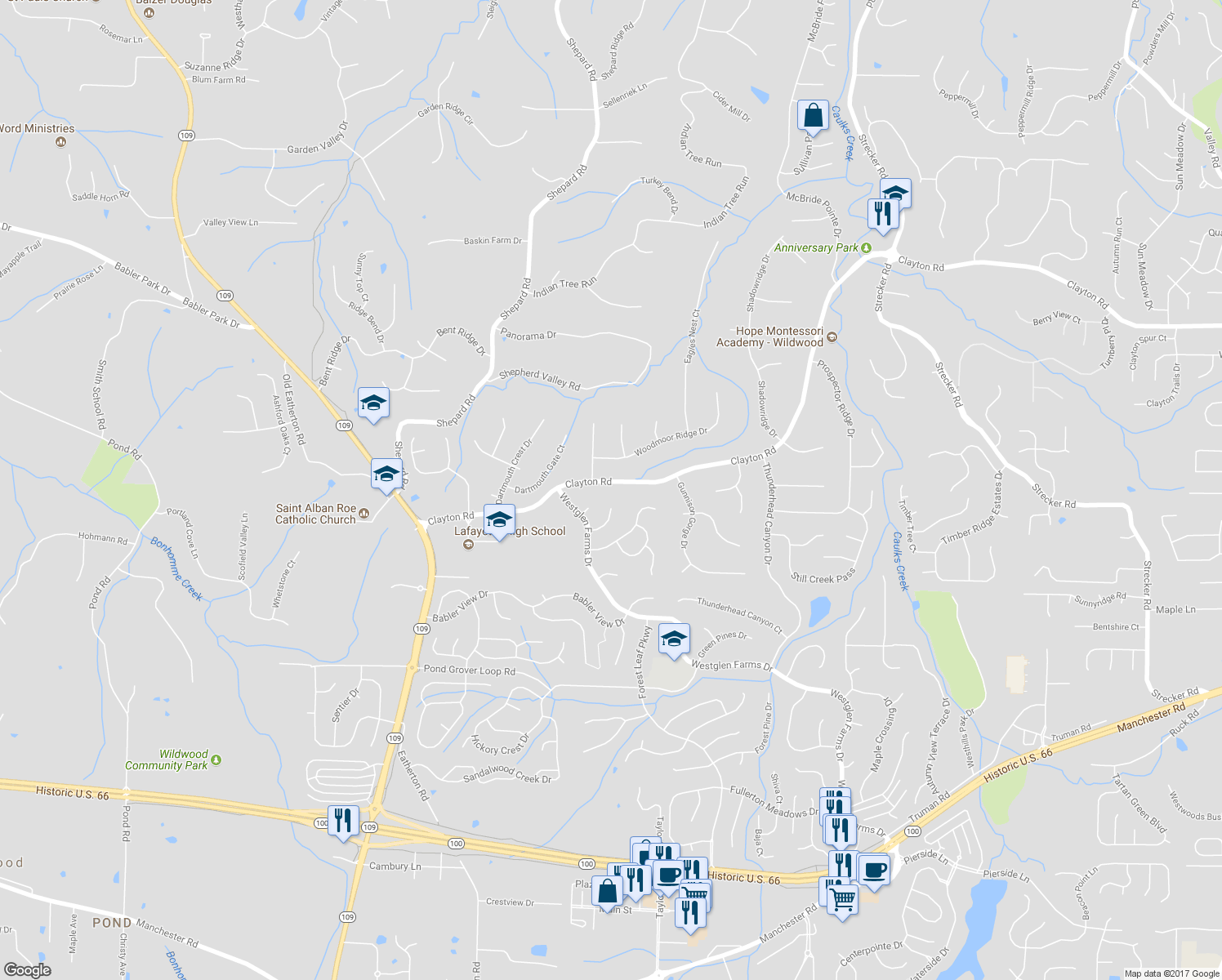 map of restaurants, bars, coffee shops, grocery stores, and more near 16784 Clayton Rd in Ballwin