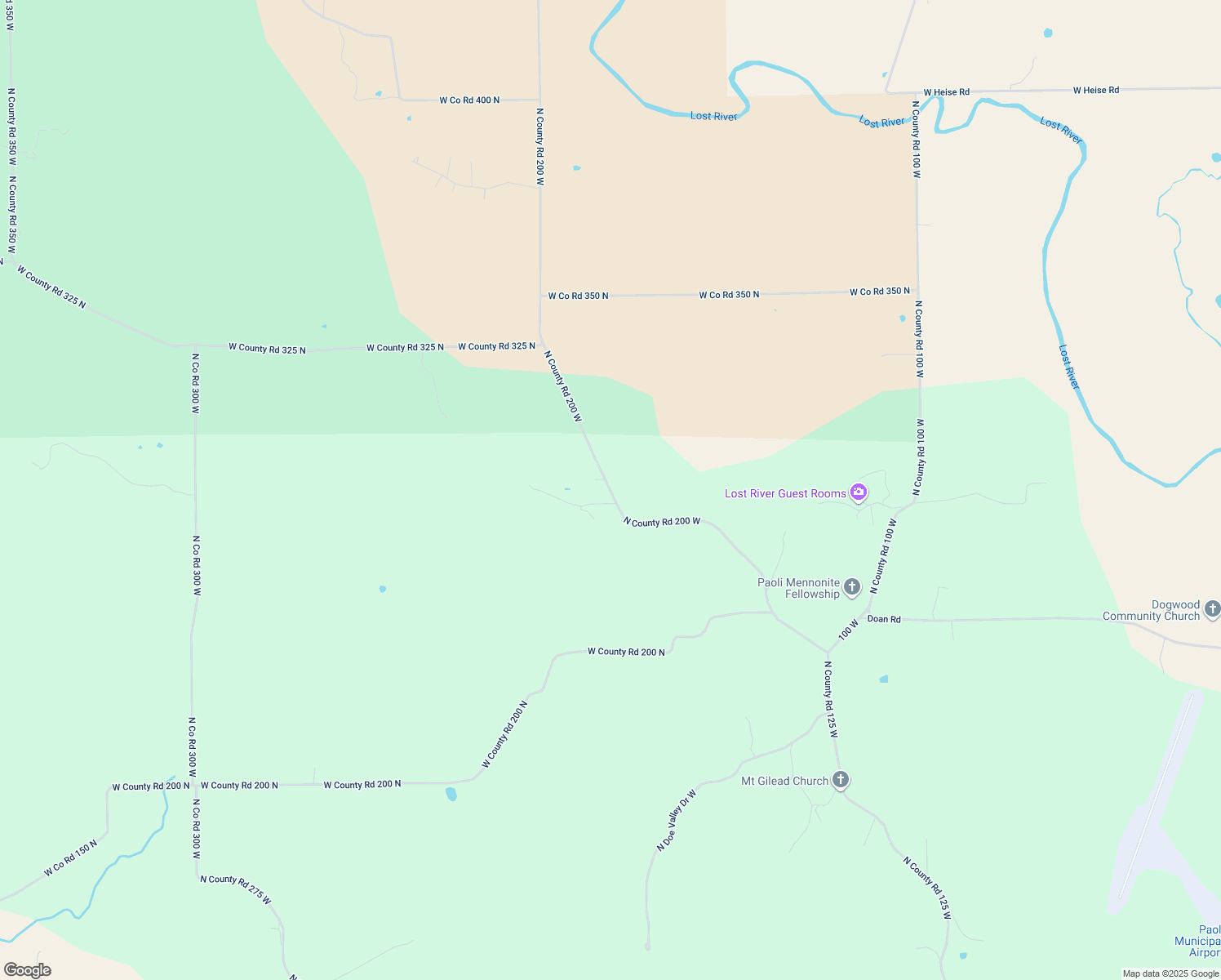 map of restaurants, bars, coffee shops, grocery stores, and more near 2506 North County Road 200 West in Paoli