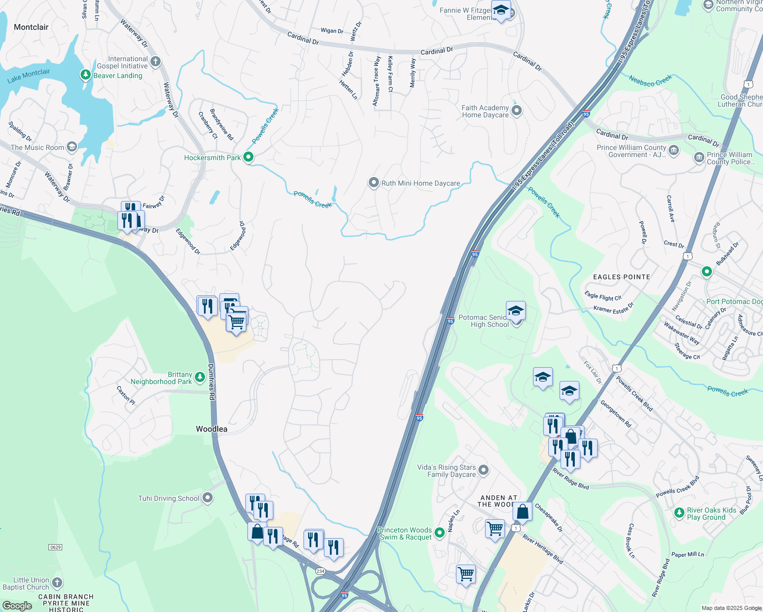 map of restaurants, bars, coffee shops, grocery stores, and more near 17251 Four Seasons Drive in Dumfries