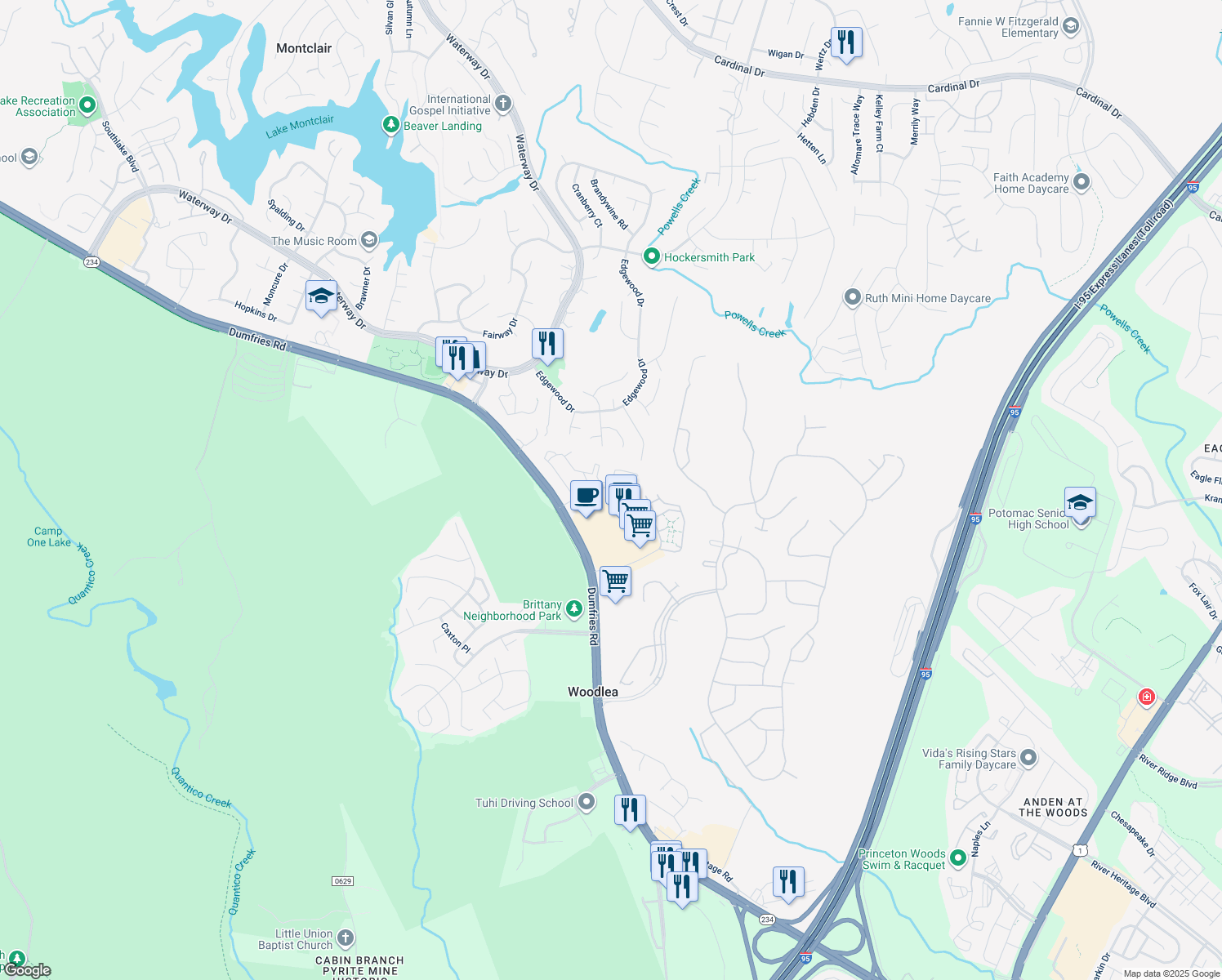 map of restaurants, bars, coffee shops, grocery stores, and more near 4126 Ashmere Cir in Dumfries