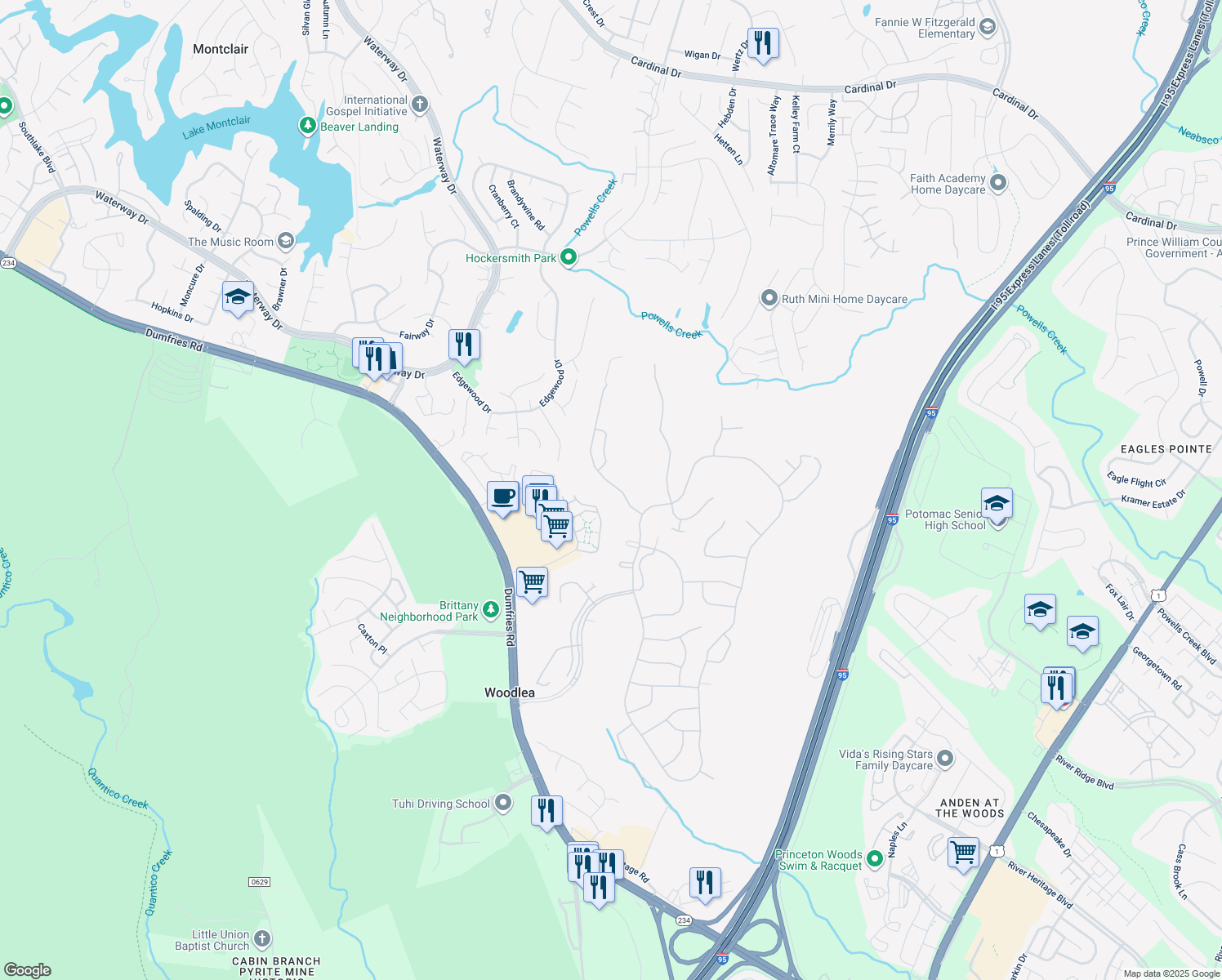 map of restaurants, bars, coffee shops, grocery stores, and more near 3943 Great Harvest Court in Dumfries