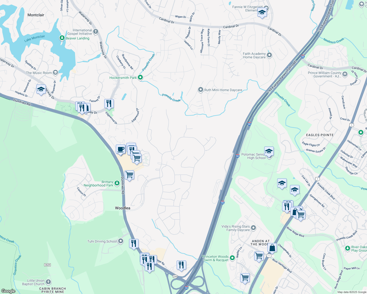 map of restaurants, bars, coffee shops, grocery stores, and more near 3754 Blowing Leaf Place in Dumfries