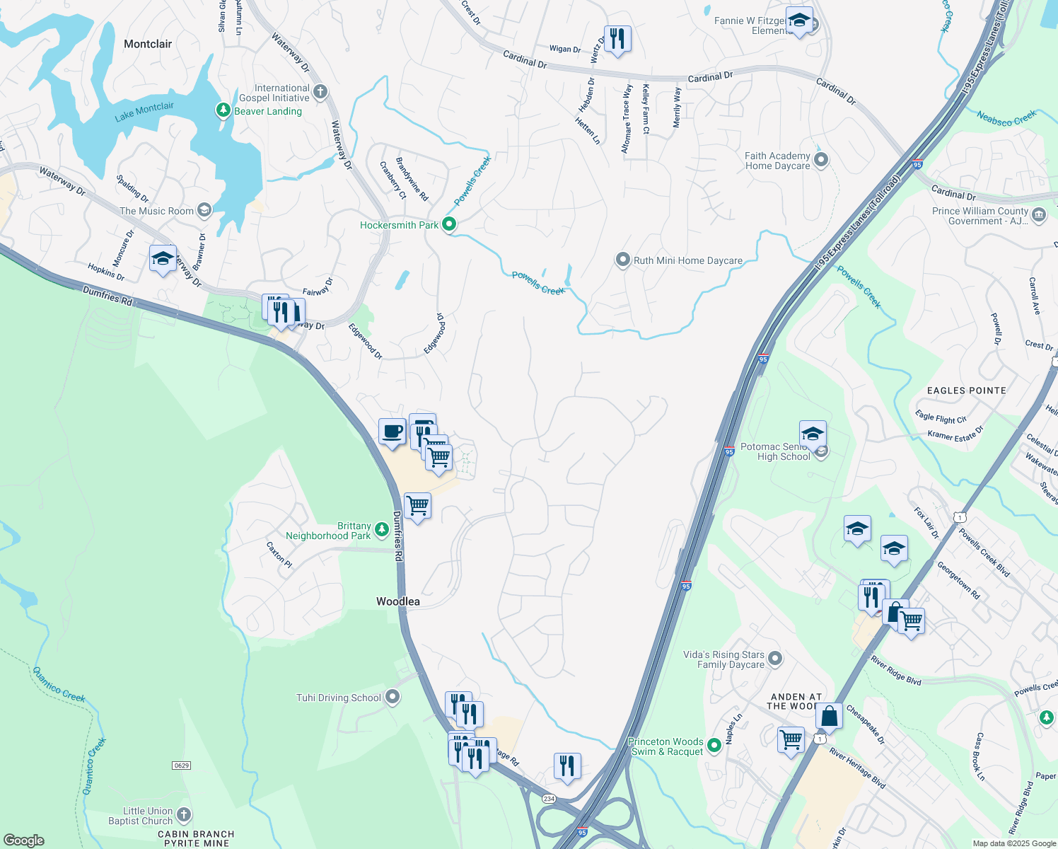map of restaurants, bars, coffee shops, grocery stores, and more near 16154 Dancing Leaf Pl in Dumfries