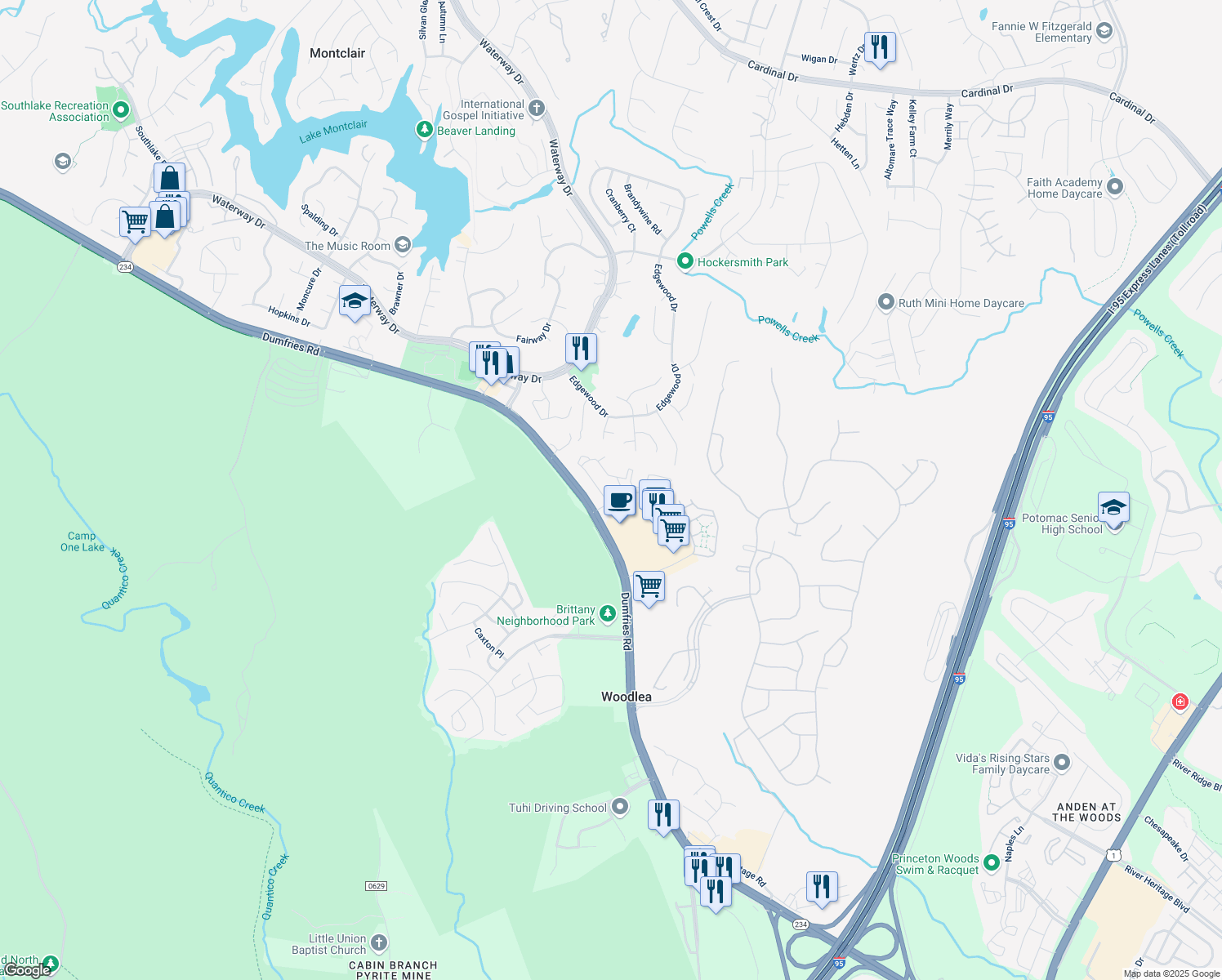 map of restaurants, bars, coffee shops, grocery stores, and more near 4226 Stockbridge Drive in Dumfries