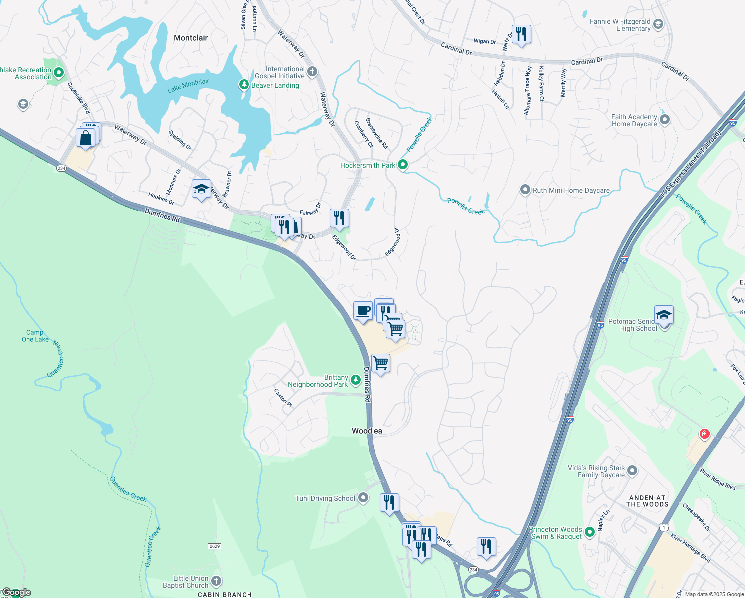 map of restaurants, bars, coffee shops, grocery stores, and more near 16088 Taconic Circle in Dumfries