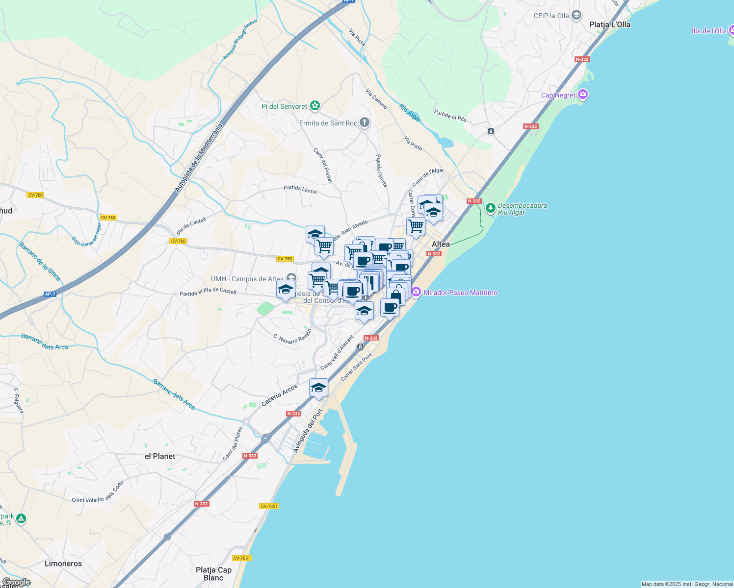 map of restaurants, bars, coffee shops, grocery stores, and more near 5 Carrer Major in Altea