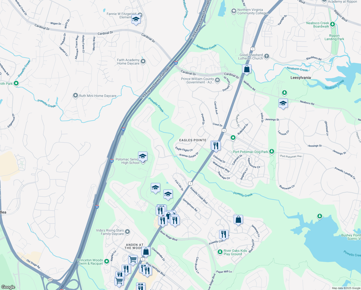 map of restaurants, bars, coffee shops, grocery stores, and more near 16249 Eagle Flight Circle in Woodbridge