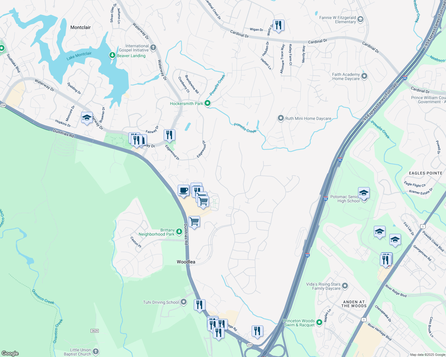 map of restaurants, bars, coffee shops, grocery stores, and more near 16235 Rising Fawn Terrace in Dumfries