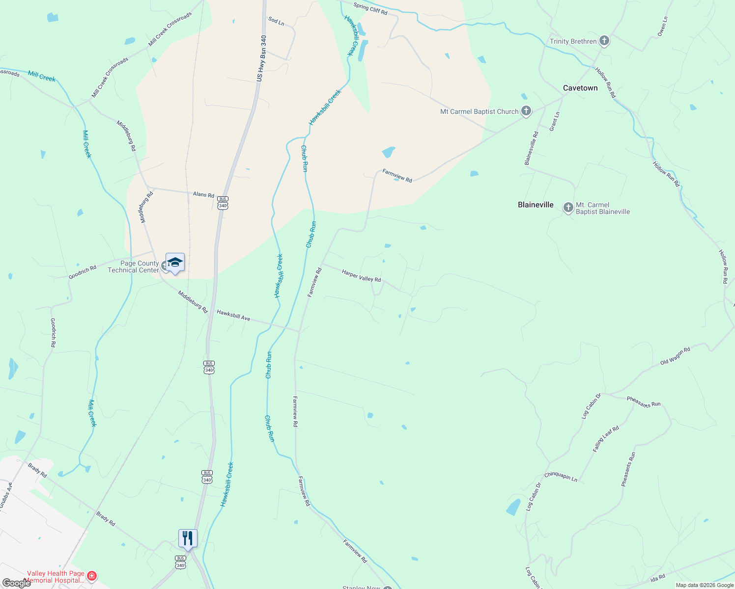 map of restaurants, bars, coffee shops, grocery stores, and more near 1008 Harper Valley Road in Luray