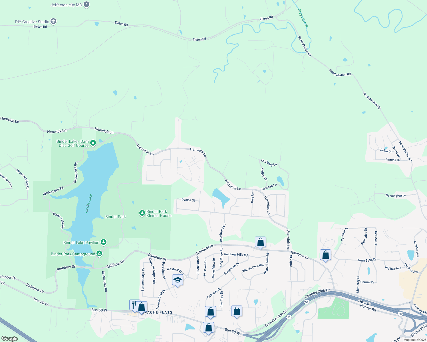 map of restaurants, bars, coffee shops, grocery stores, and more near 5031 Henwick Lane in Jefferson City