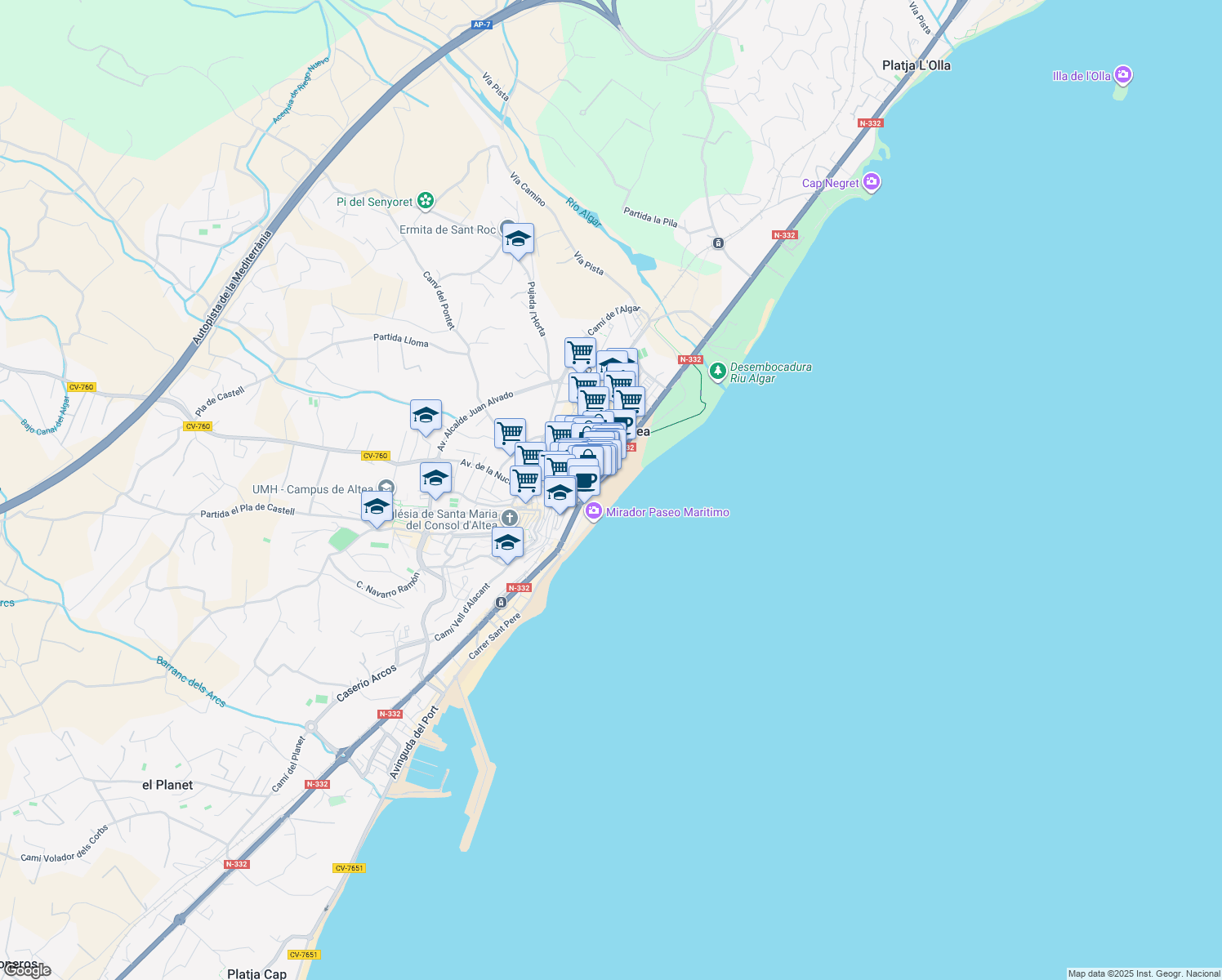 map of restaurants, bars, coffee shops, grocery stores, and more near 24 Calle Conde de Altea in Altea