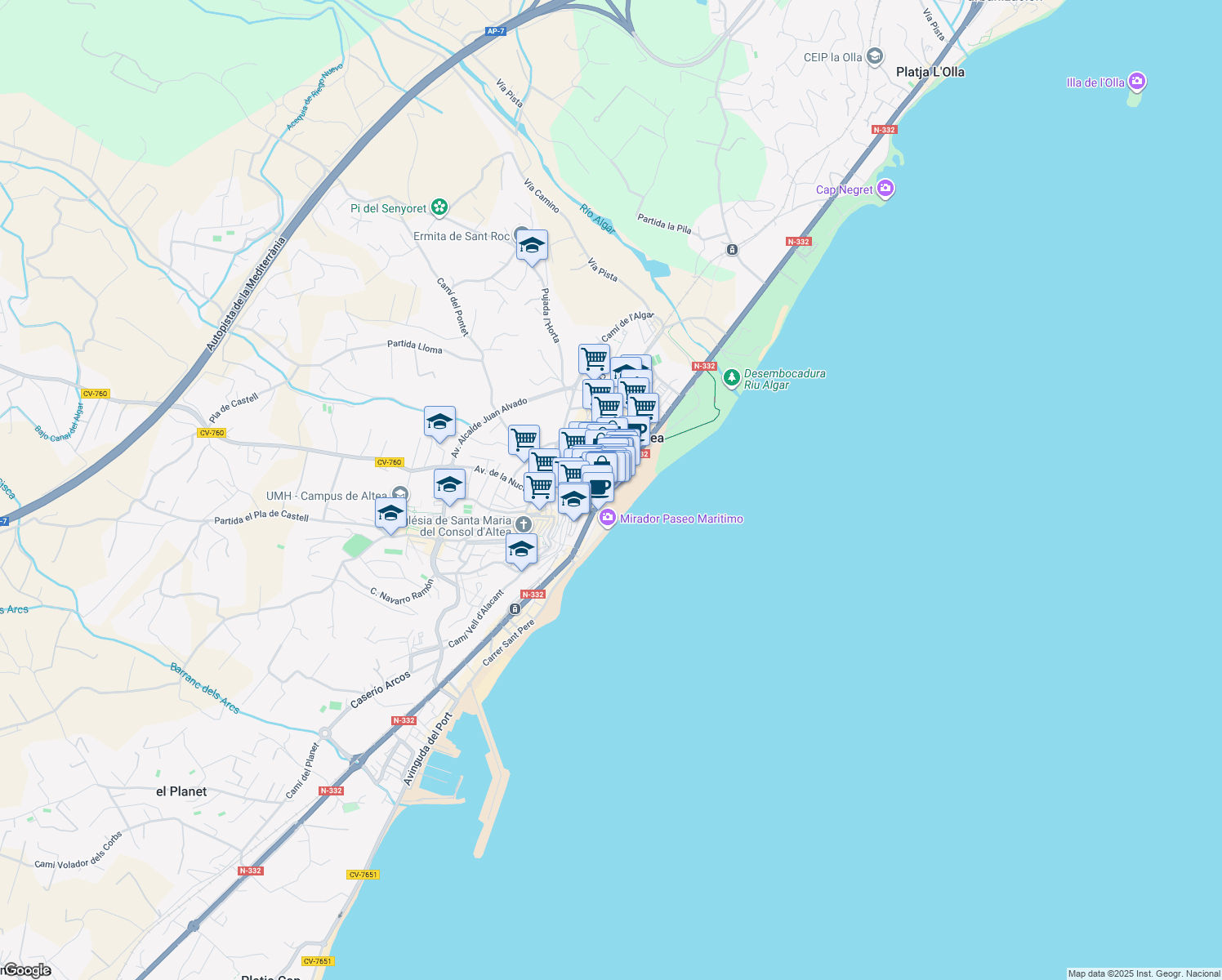 map of restaurants, bars, coffee shops, grocery stores, and more near 24 Calle CONDE DE ALTEA in Altea