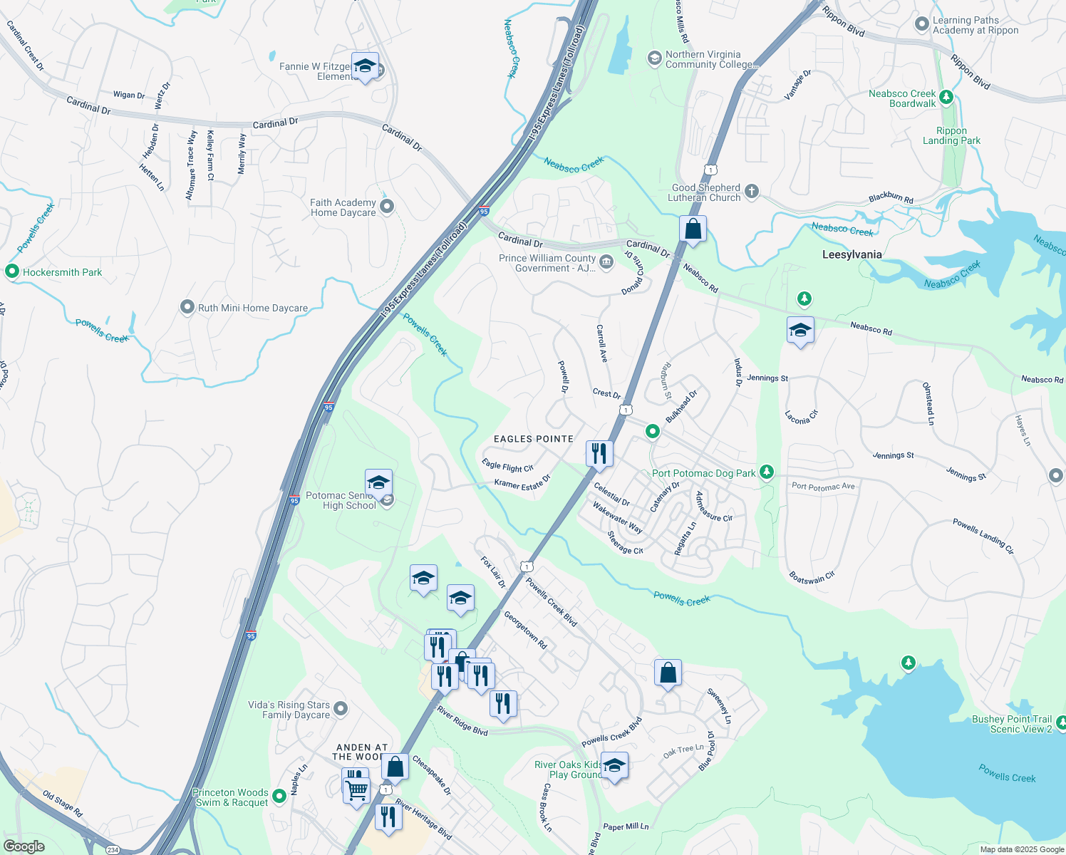 map of restaurants, bars, coffee shops, grocery stores, and more near 16155-16169 Eagle Beak Circle in Woodbridge