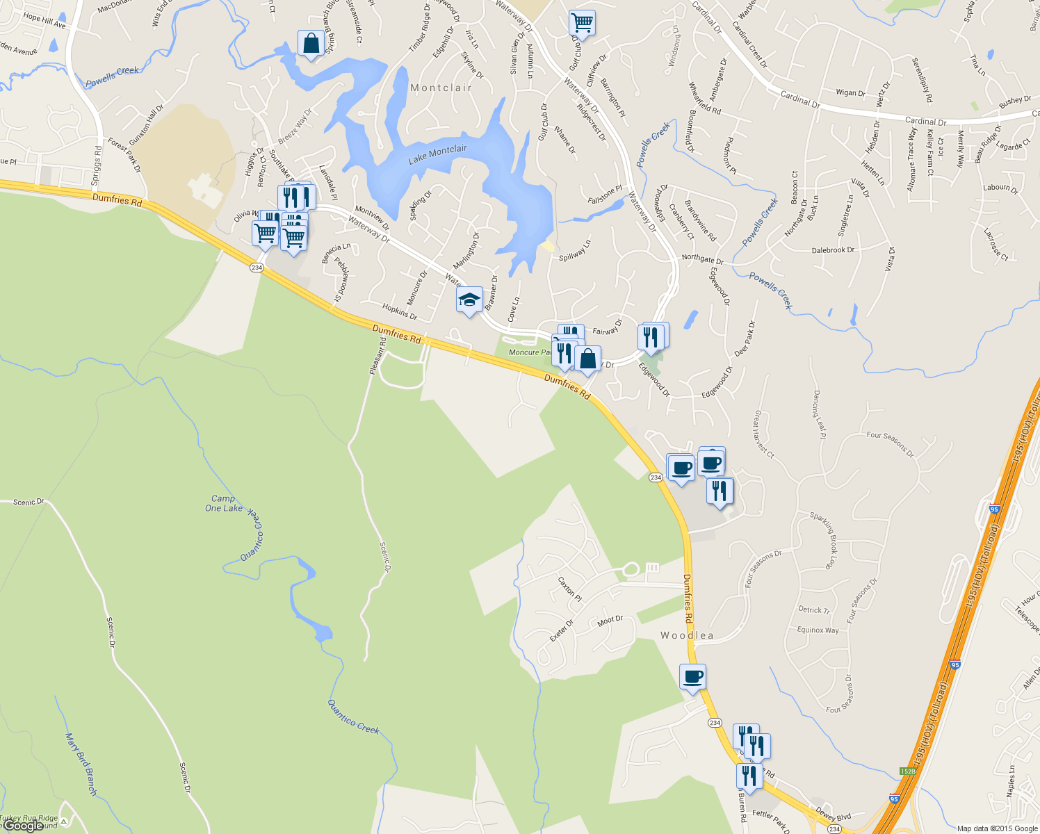 map of restaurants, bars, coffee shops, grocery stores, and more near 16144 Dumfries Road in Dumfries