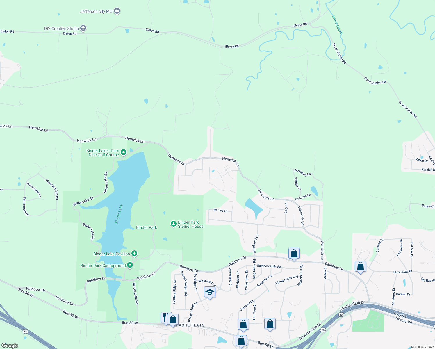 map of restaurants, bars, coffee shops, grocery stores, and more near 605 Buckskin Drive in Jefferson City