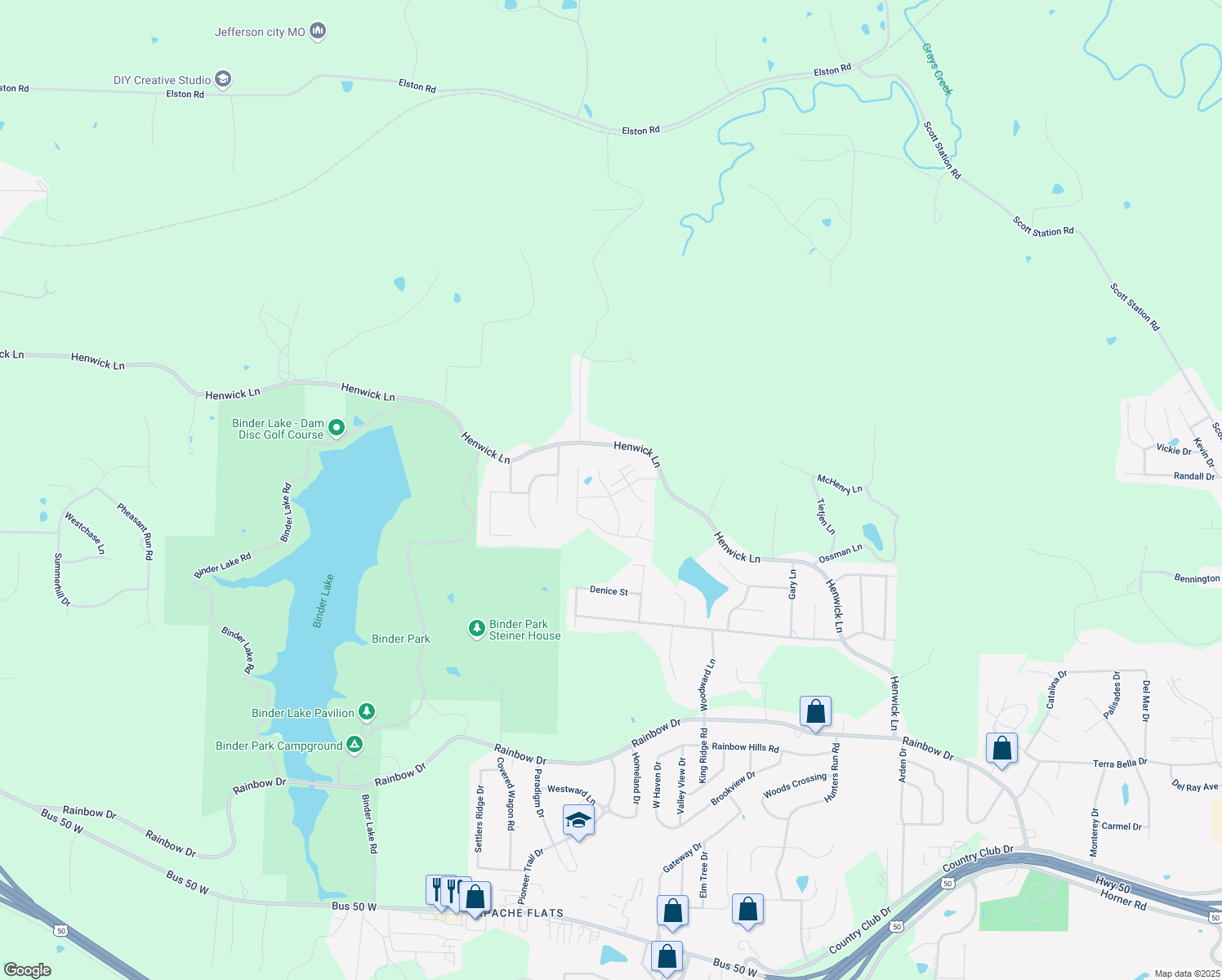 map of restaurants, bars, coffee shops, grocery stores, and more near 605 Buckskin Drive in Jefferson City
