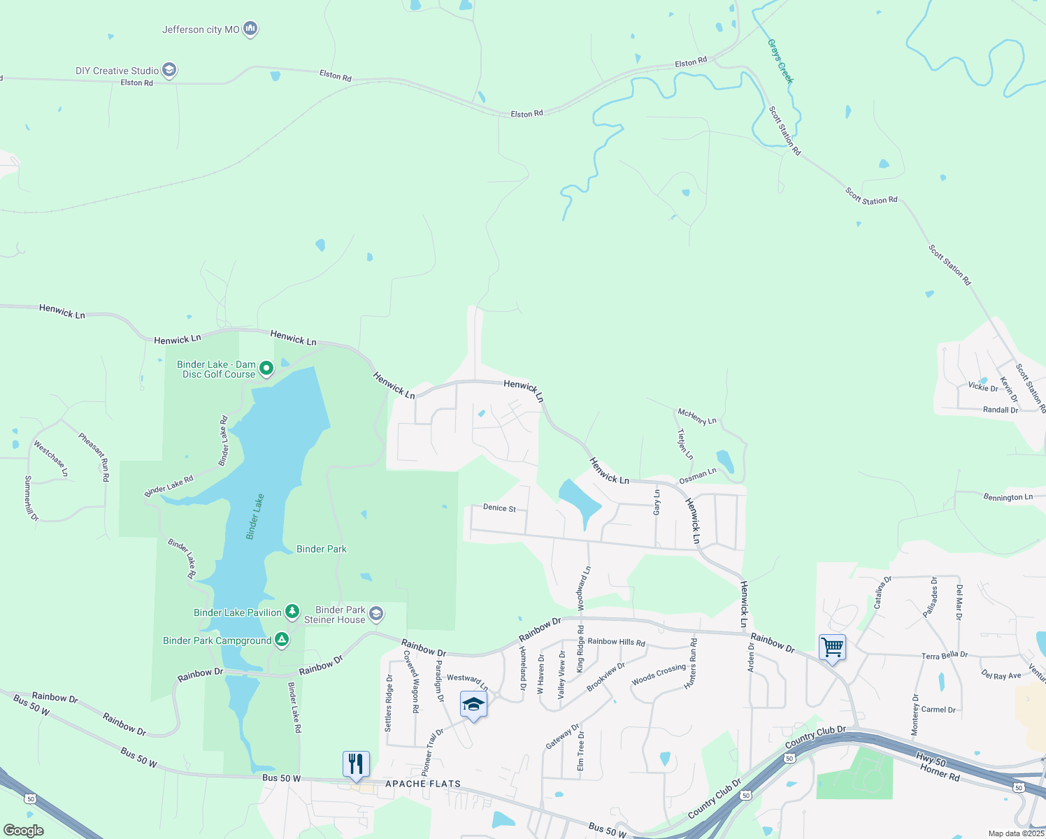 map of restaurants, bars, coffee shops, grocery stores, and more near 5119 Deer Ridge in Jefferson City
