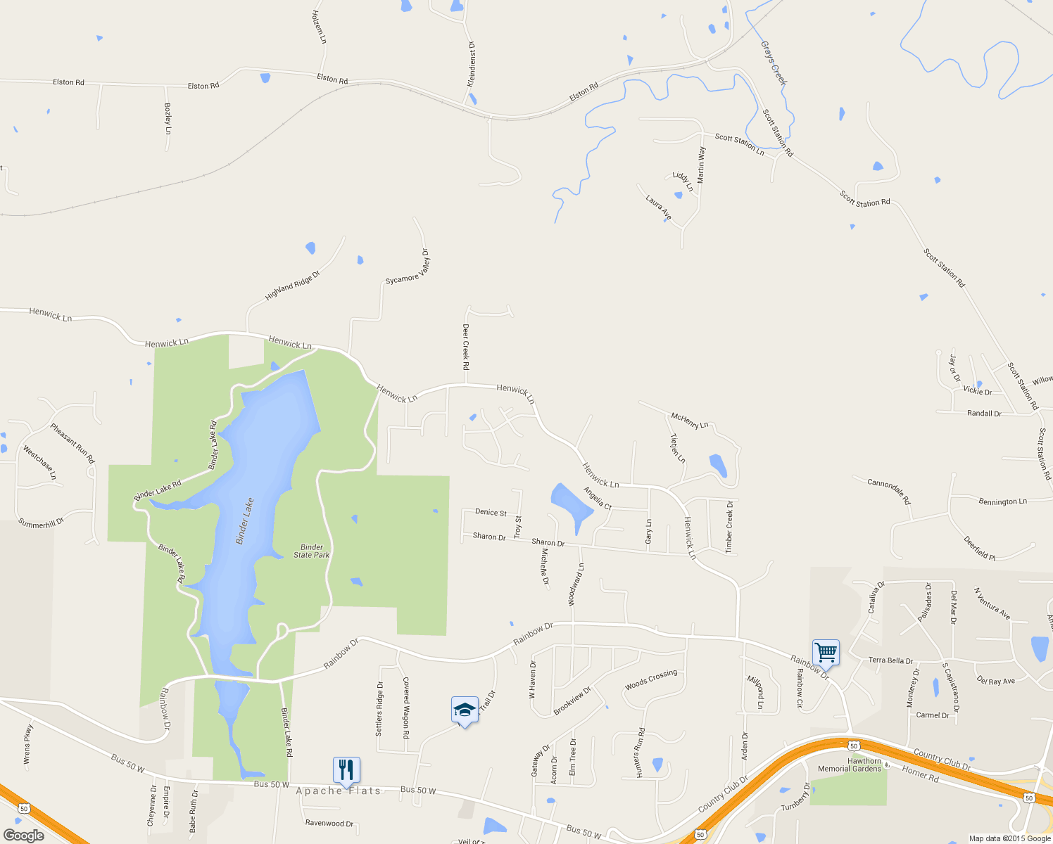 map of restaurants, bars, coffee shops, grocery stores, and more near 5031 Henwick Lane in Jefferson City