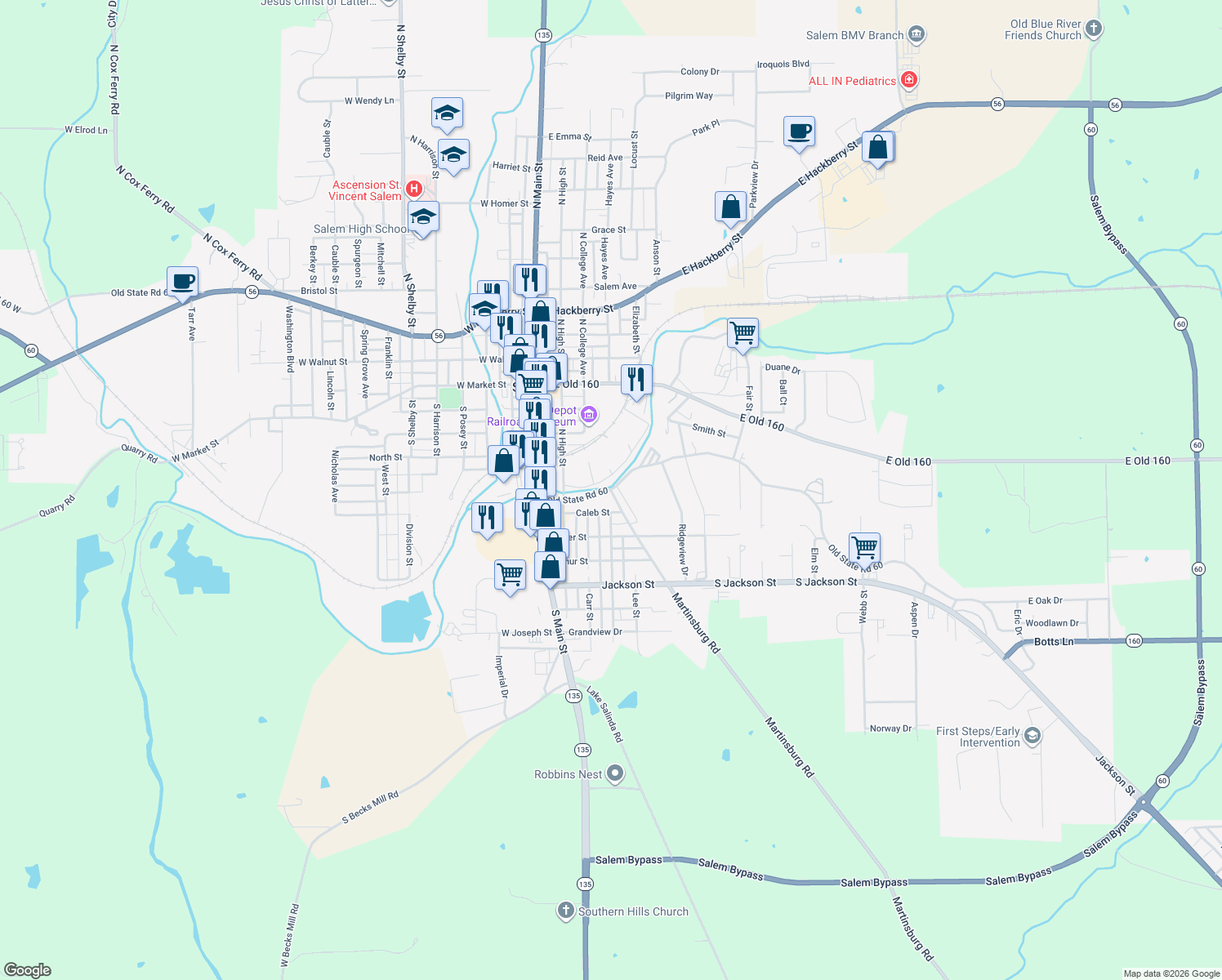 map of restaurants, bars, coffee shops, grocery stores, and more near 410 Old Indiana 60 in Salem