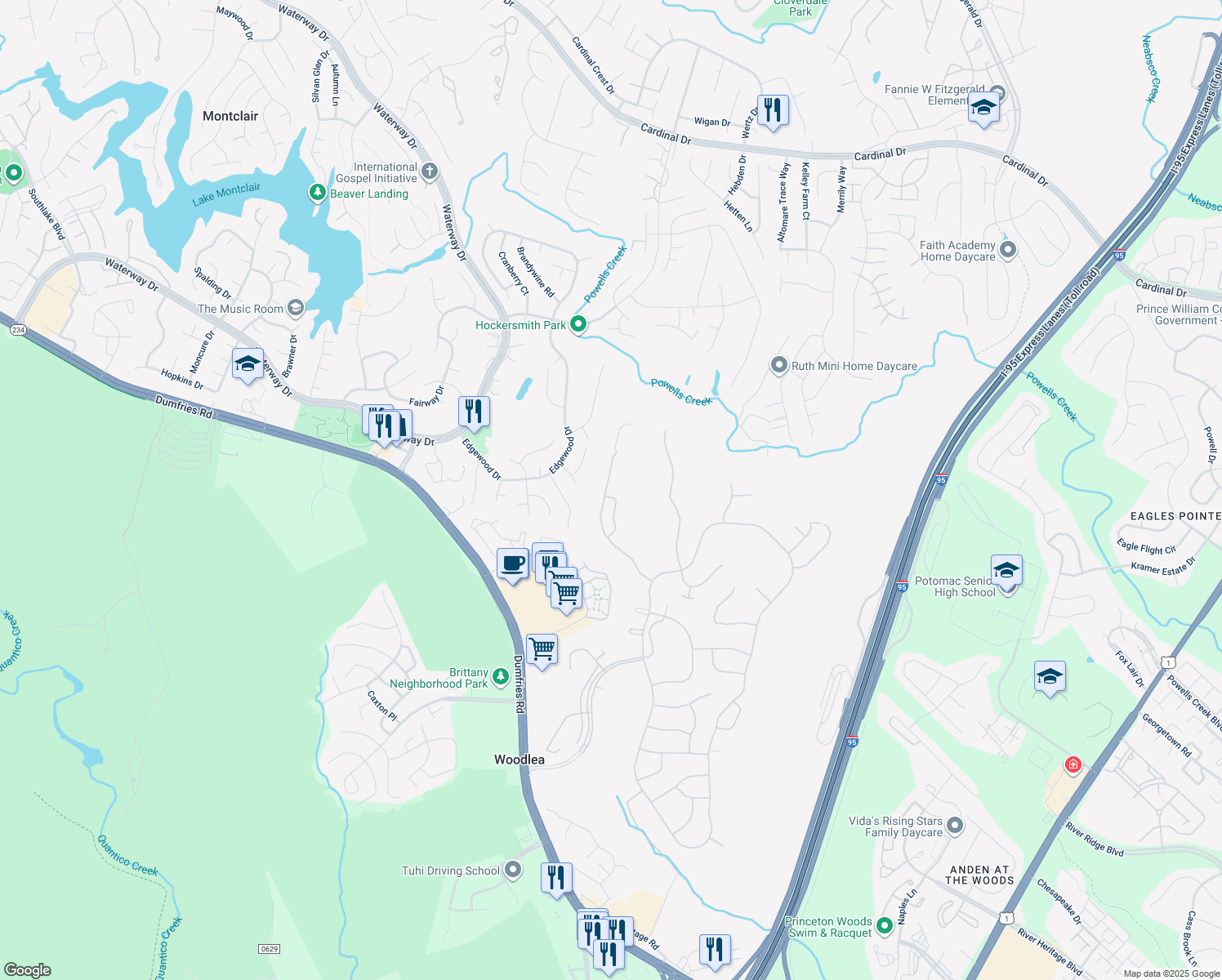 map of restaurants, bars, coffee shops, grocery stores, and more near 4022 Great Harvest Court in Dumfries