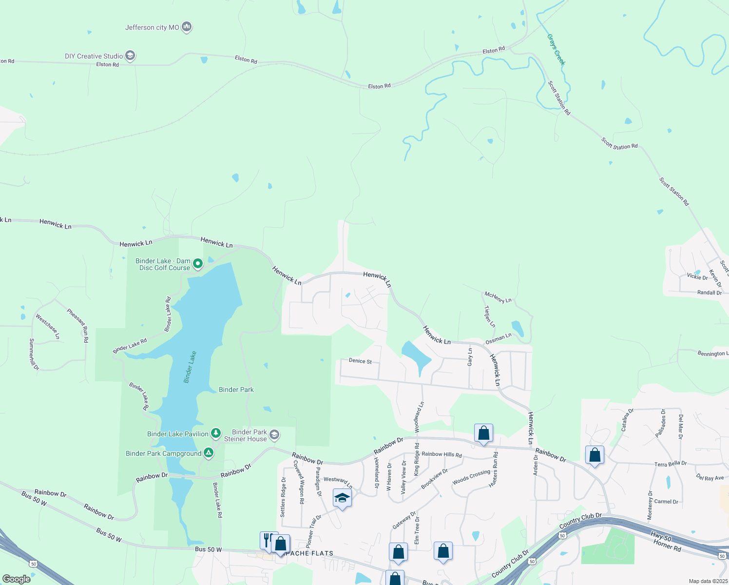 map of restaurants, bars, coffee shops, grocery stores, and more near 605 Buckskin Drive in Jefferson City