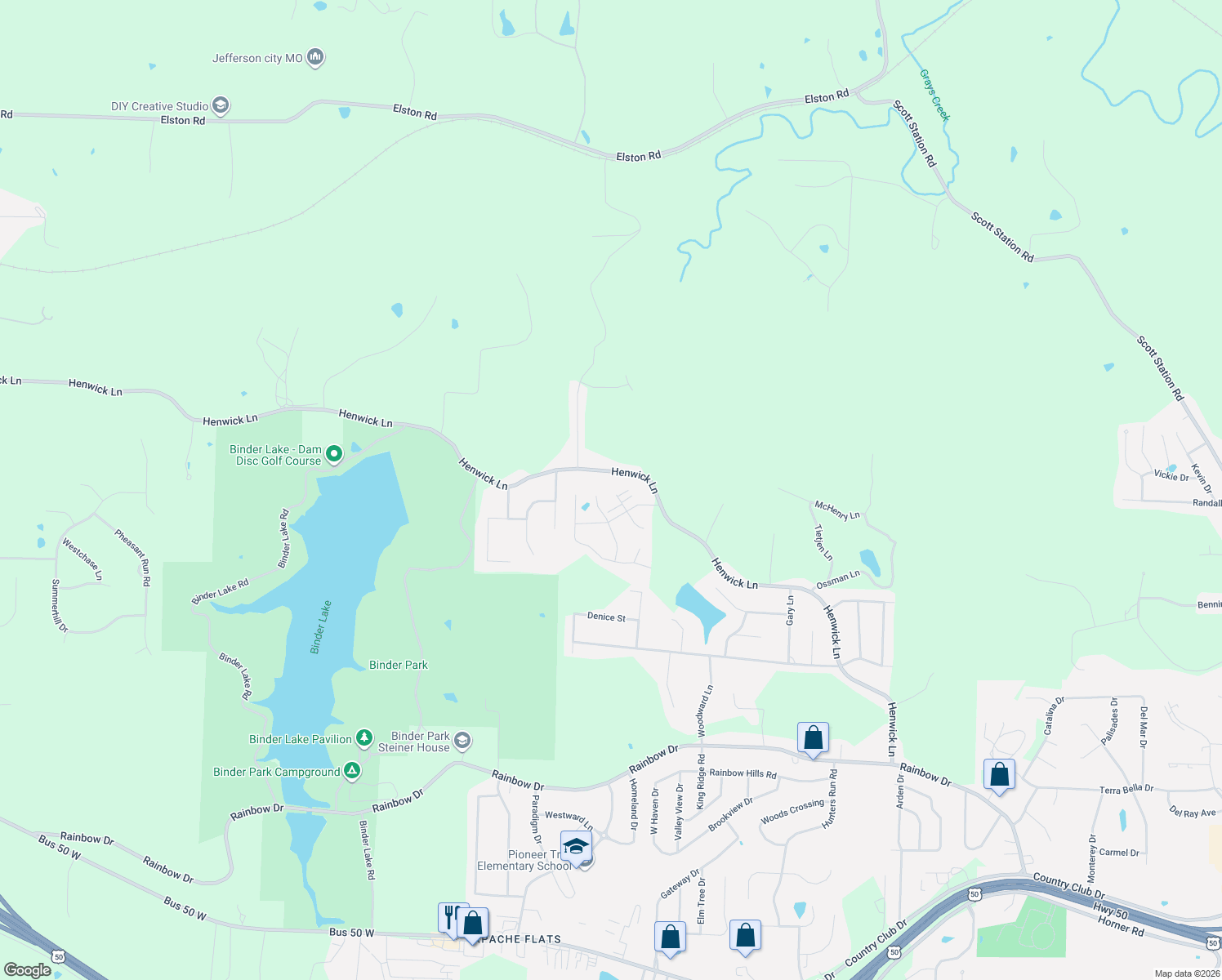 map of restaurants, bars, coffee shops, grocery stores, and more near 5221 Henwick Lane in Jefferson City