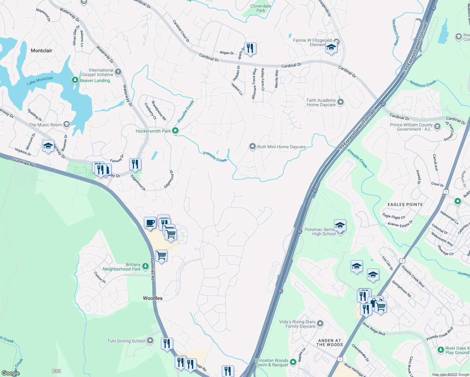 map of restaurants, bars, coffee shops, grocery stores, and more near 16201 Timid Creek Ct in Dumfries