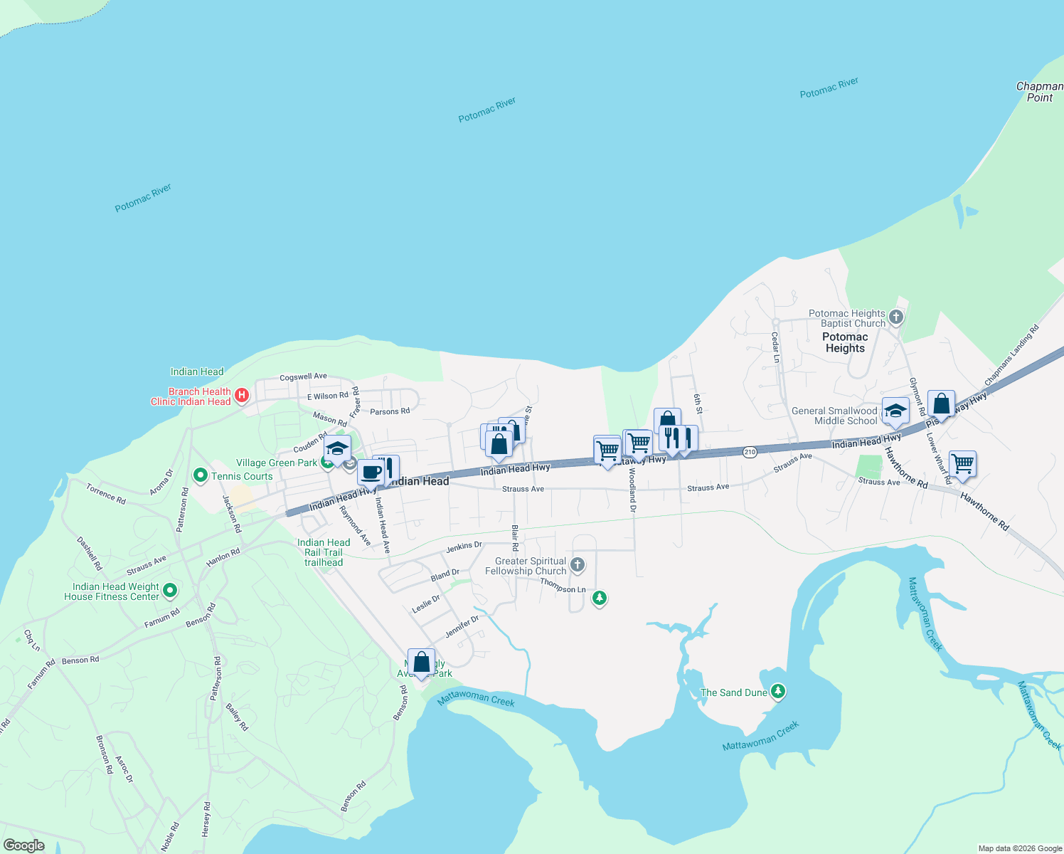 map of restaurants, bars, coffee shops, grocery stores, and more near 8 Pine St in Indian Head
