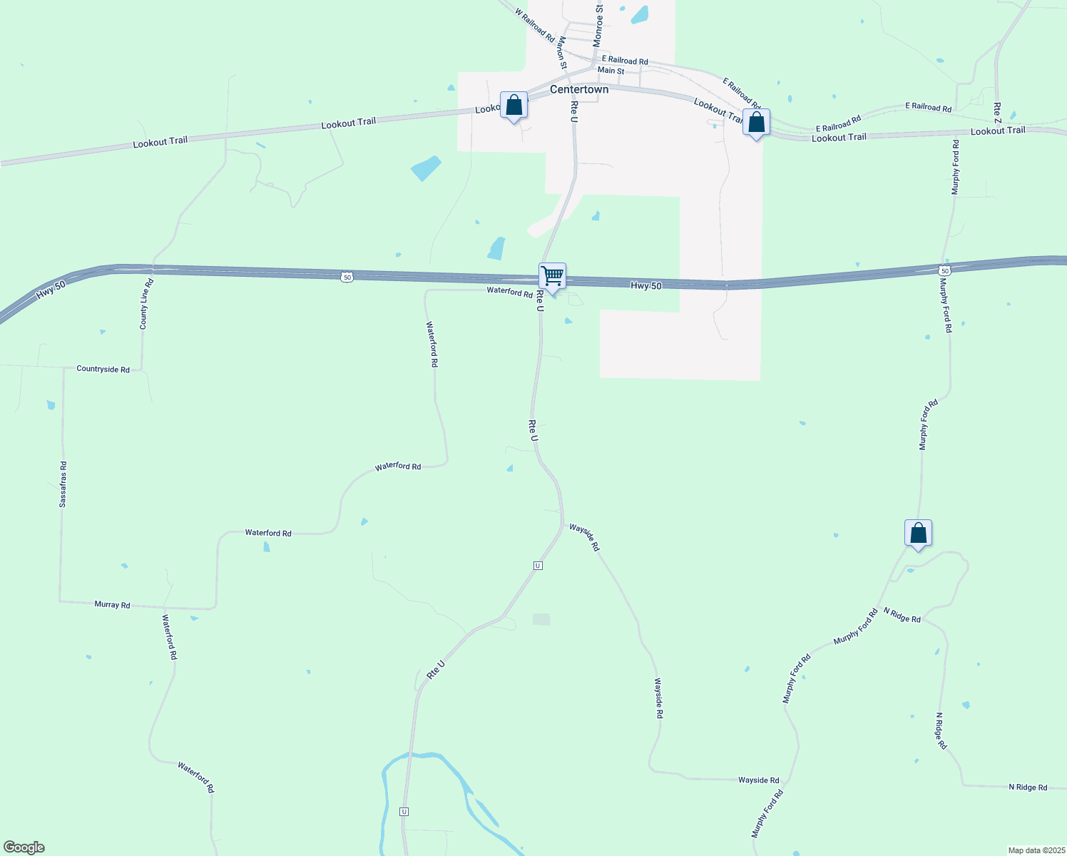 map of restaurants, bars, coffee shops, grocery stores, and more near 425 Route U in Centertown