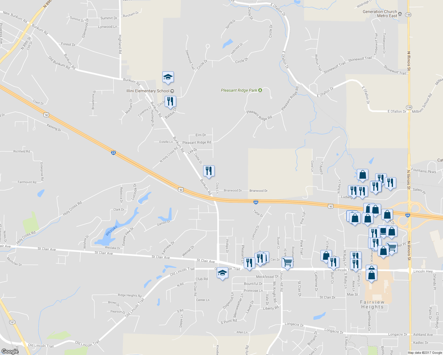map of restaurants, bars, coffee shops, grocery stores, and more near 20 Cozy Lane in Fairview Heights