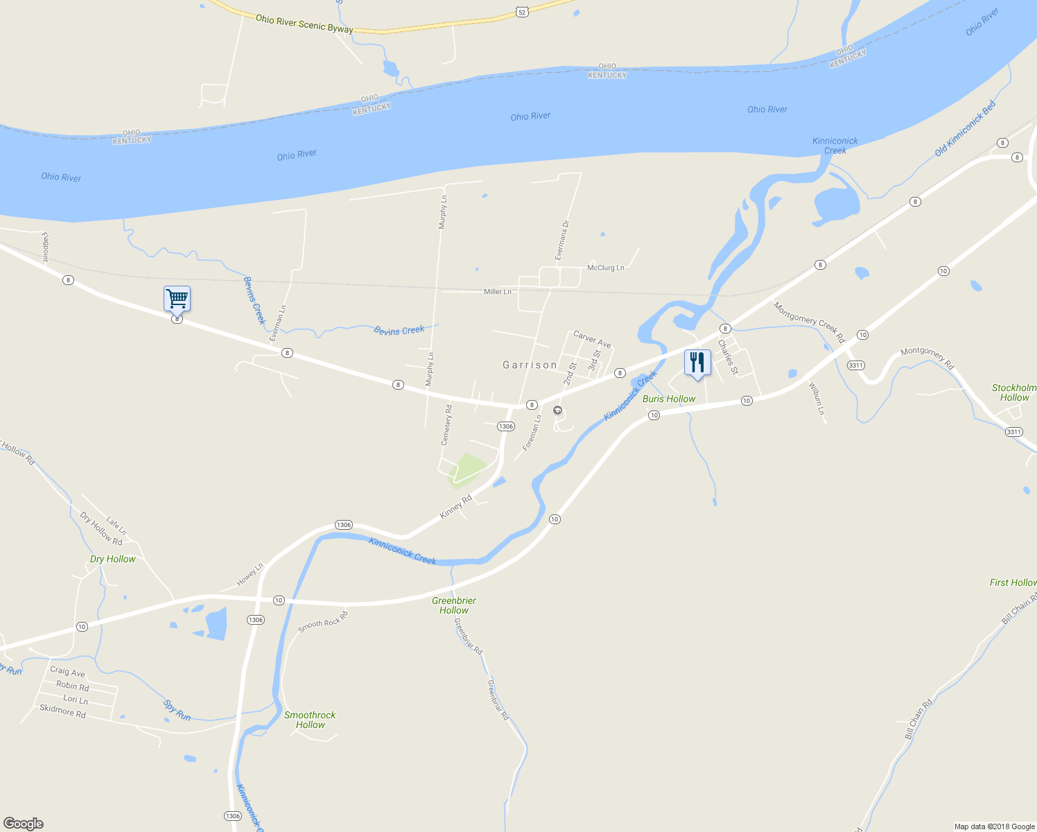 map of restaurants, bars, coffee shops, grocery stores, and more near Kentucky 8 in Garrison