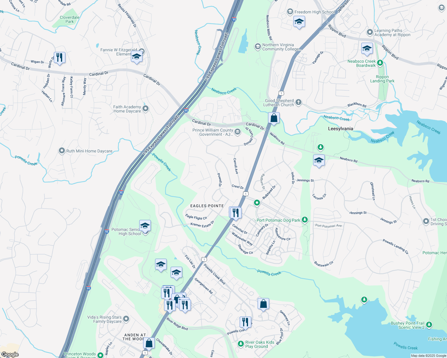map of restaurants, bars, coffee shops, grocery stores, and more near 2833 Powell Drive in Woodbridge