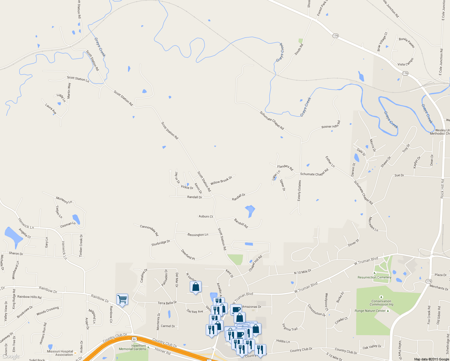 map of restaurants, bars, coffee shops, grocery stores, and more near 3700 Willow Brook Drive in Jefferson City