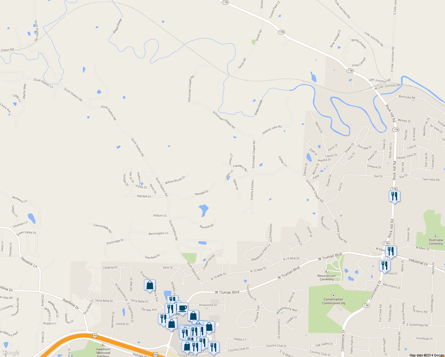 map of restaurants, bars, coffee shops, grocery stores, and more near 709 Luper Lane in Jefferson City