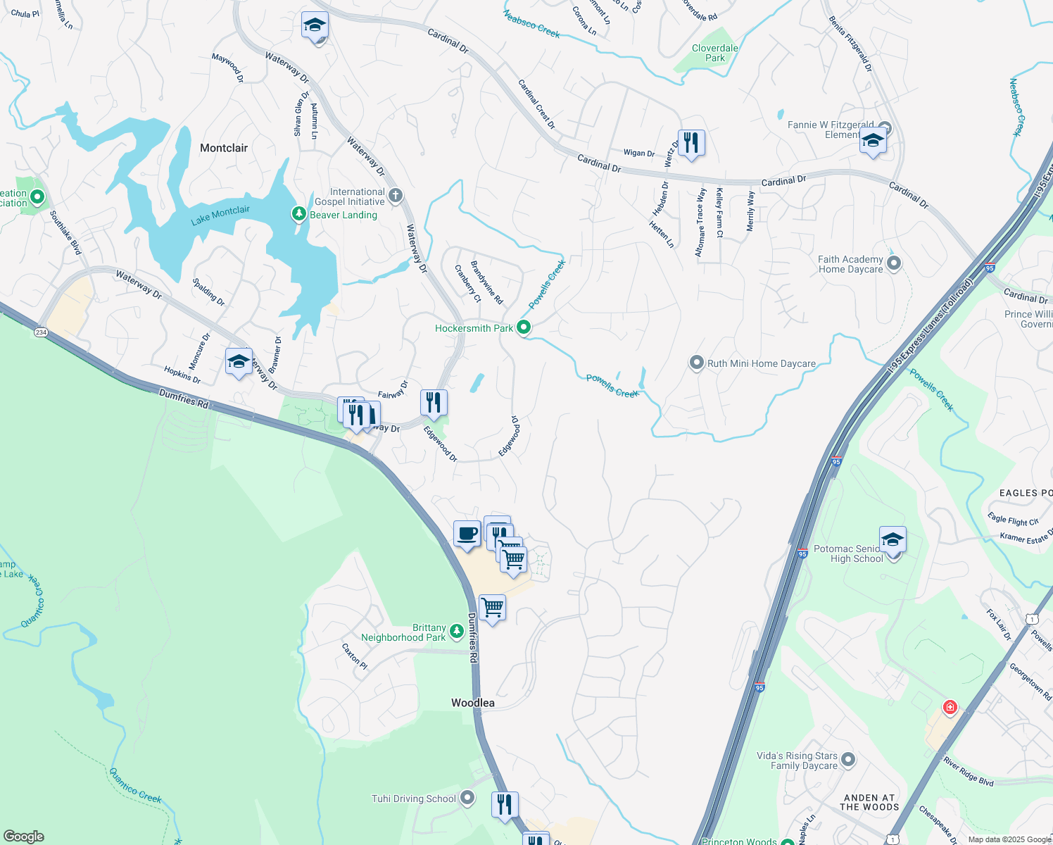 map of restaurants, bars, coffee shops, grocery stores, and more near 16097 Deer Park Drive in Dumfries